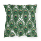 Elegant Peacock Feather Outdoor Pillow: William Morris Inspired Emerald & Gold Garden Patio Cushion