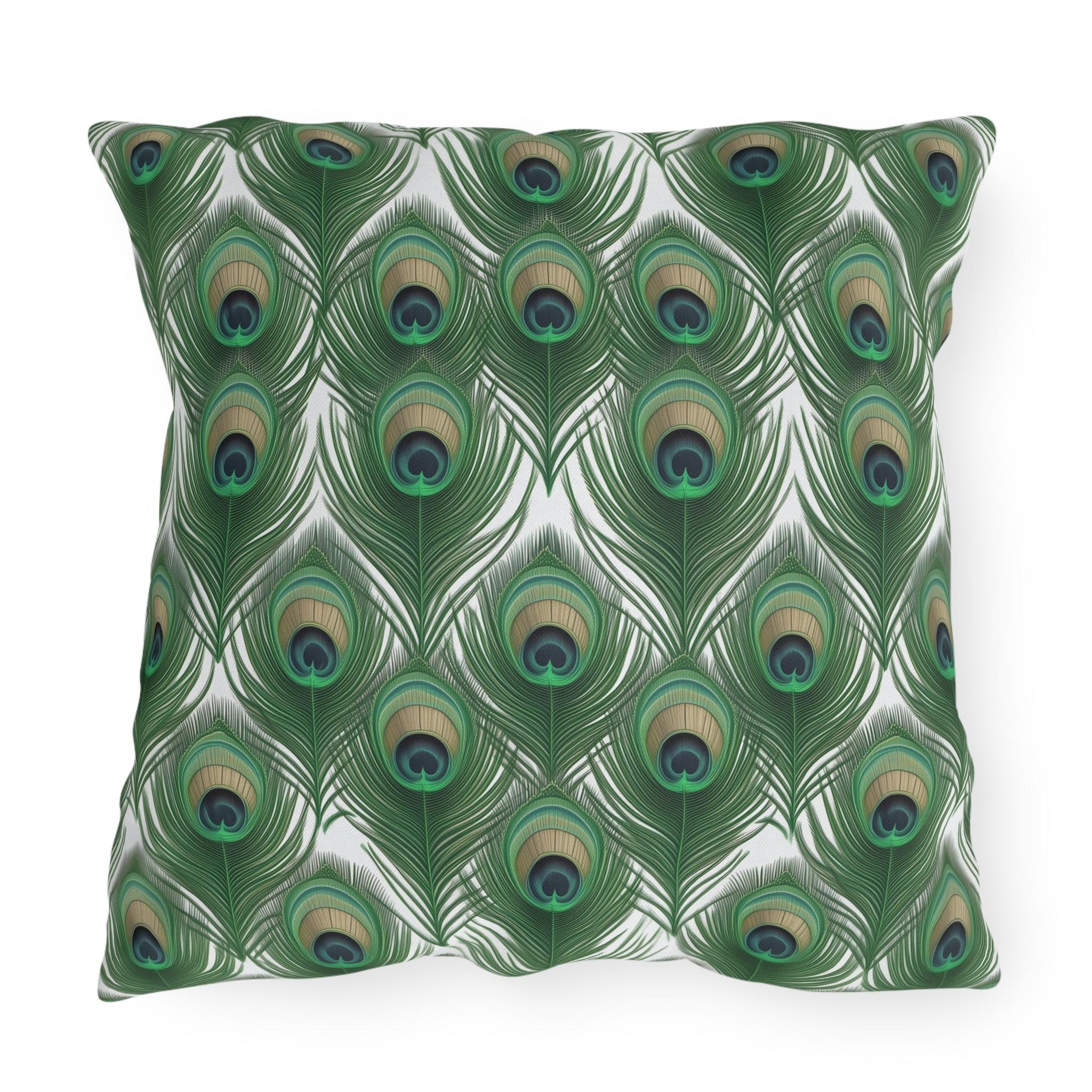 Elegant Peacock Feather Outdoor Pillow: William Morris Inspired Emerald & Gold Garden Patio Cushion