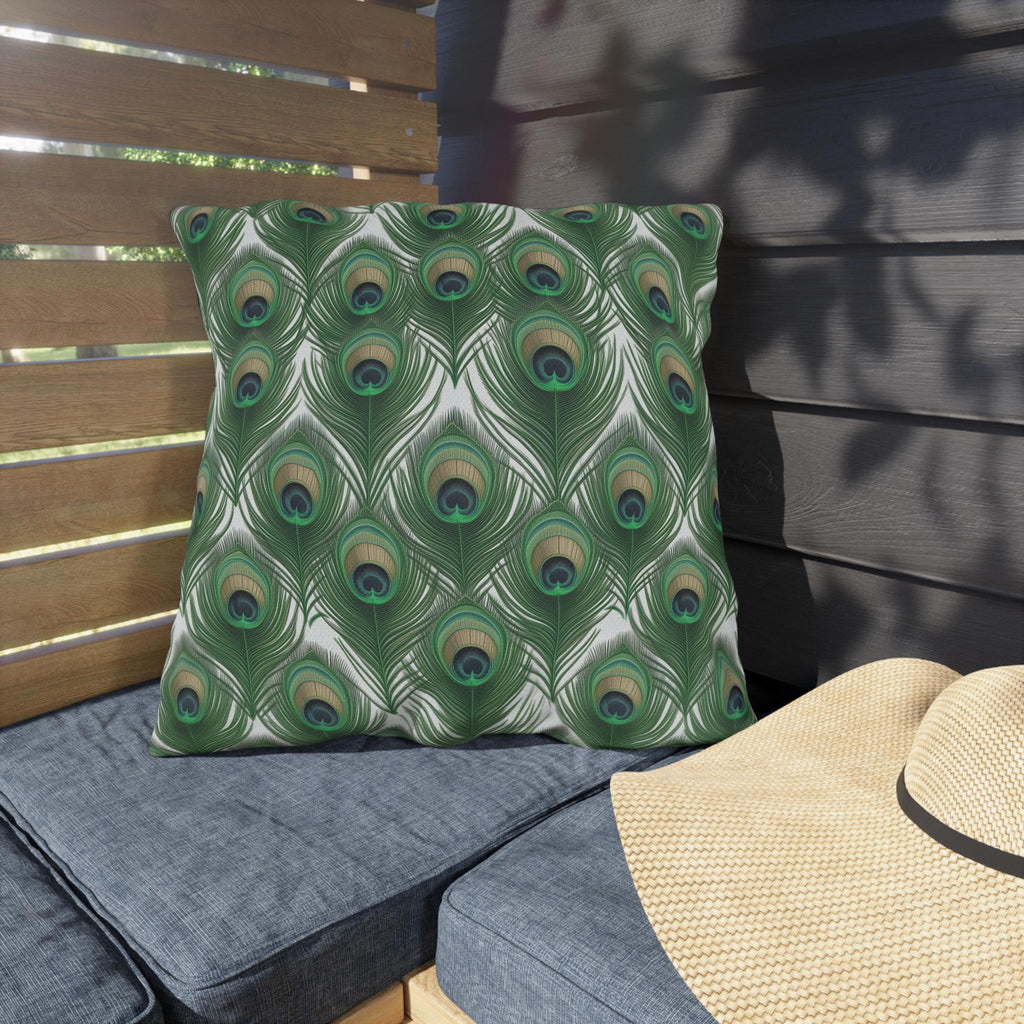 Elegant Peacock Feather Outdoor Pillow: William Morris Inspired Emerald & Gold Garden Patio Cushion