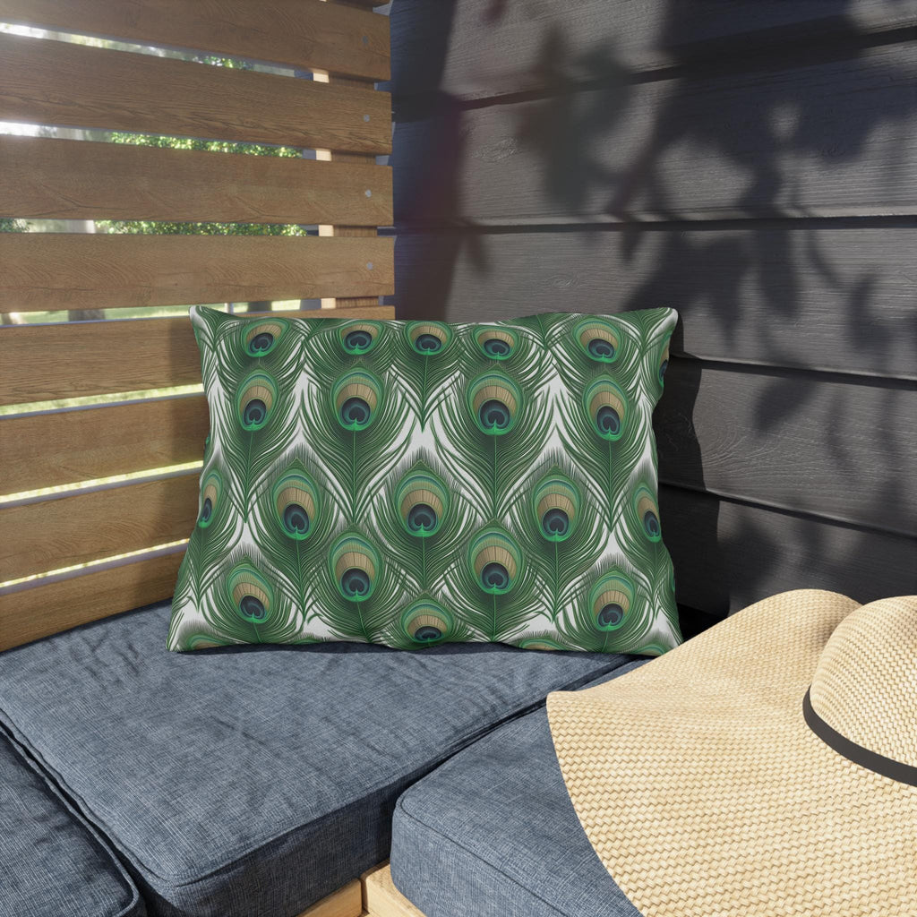 Elegant Peacock Feather Outdoor Pillow: William Morris Inspired Emerald & Gold Garden Patio Cushion
