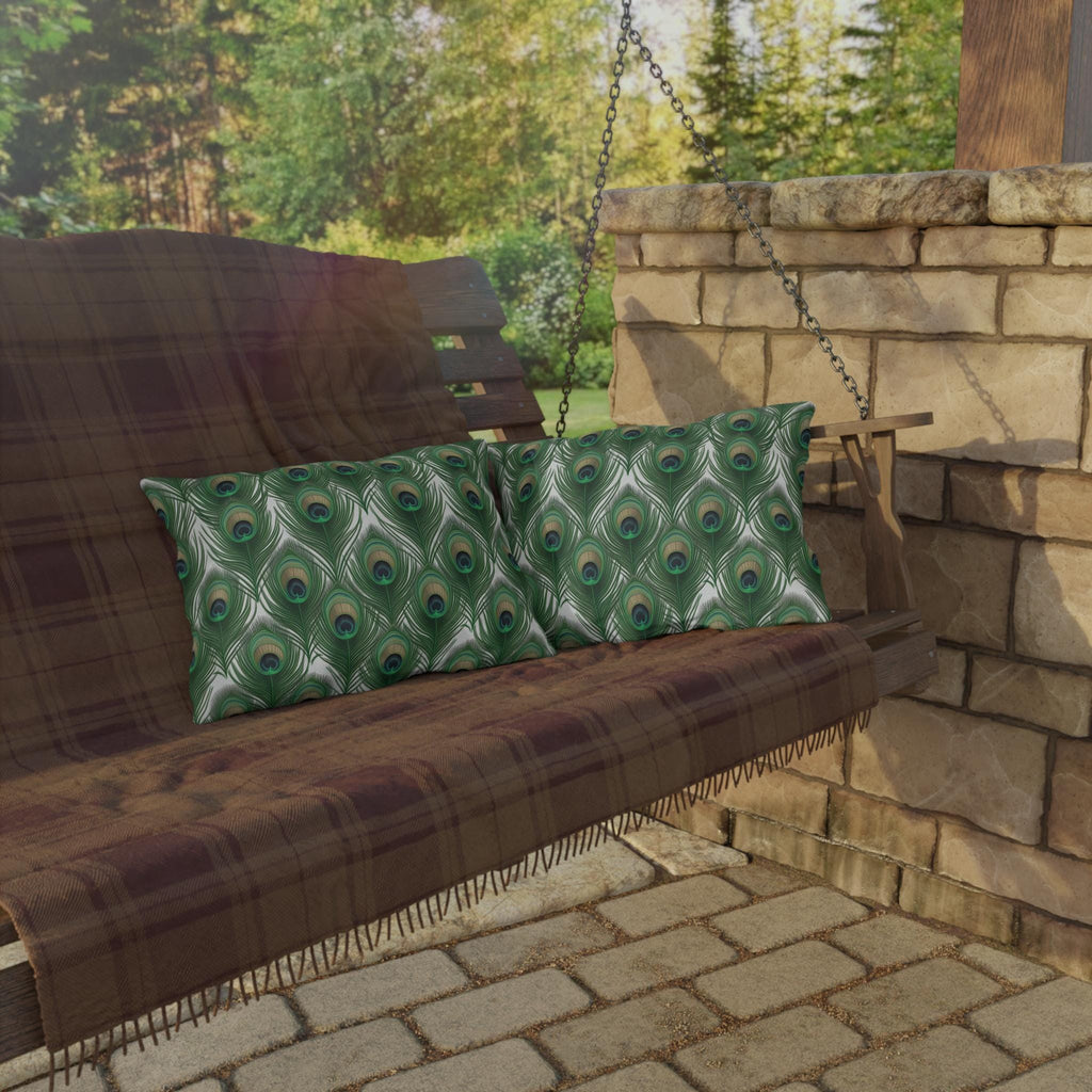 Elegant Peacock Feather Outdoor Pillow: William Morris Inspired Emerald & Gold Garden Patio Cushion