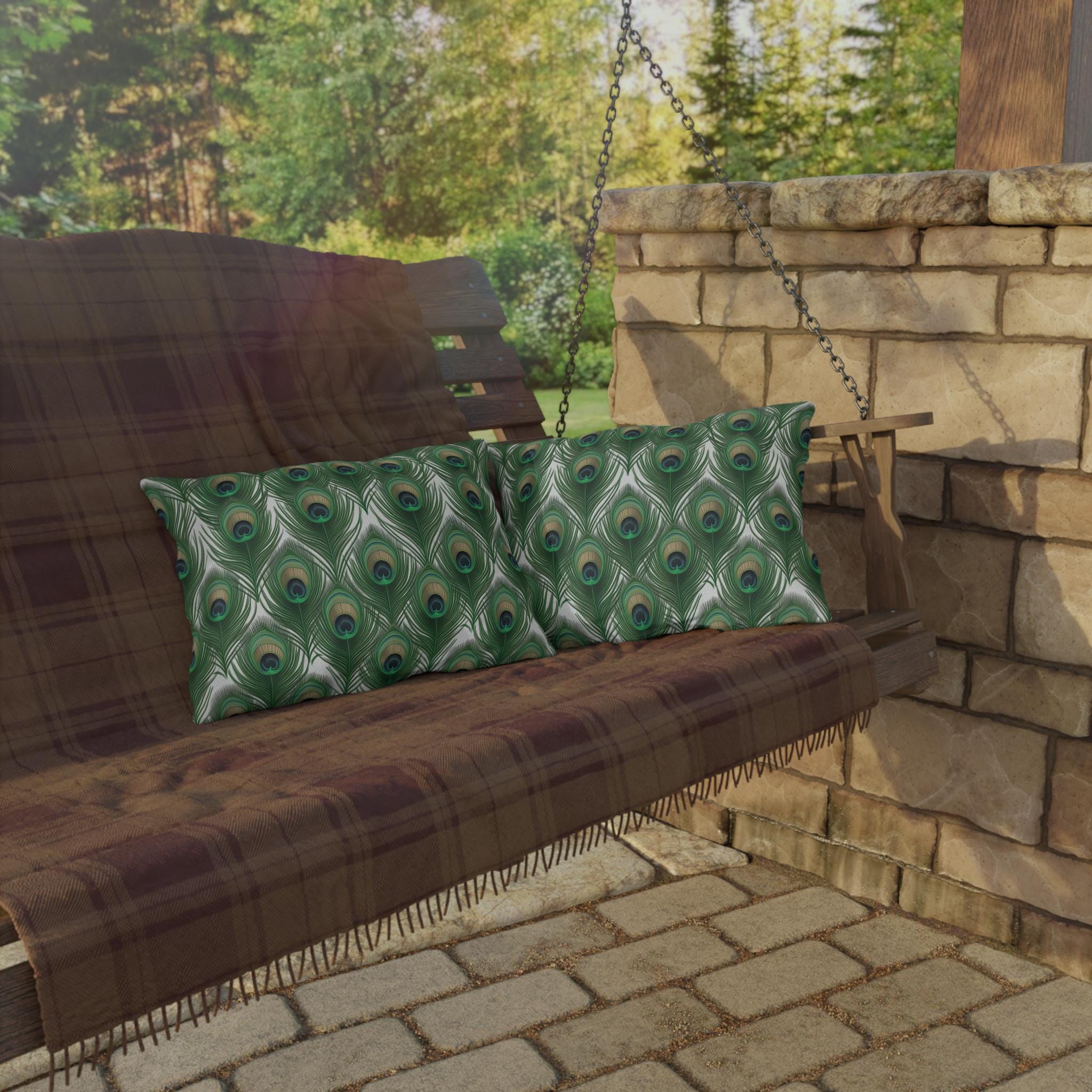 Elegant Peacock Feather Outdoor Pillow: William Morris Inspired Emerald & Gold Garden Patio Cushion