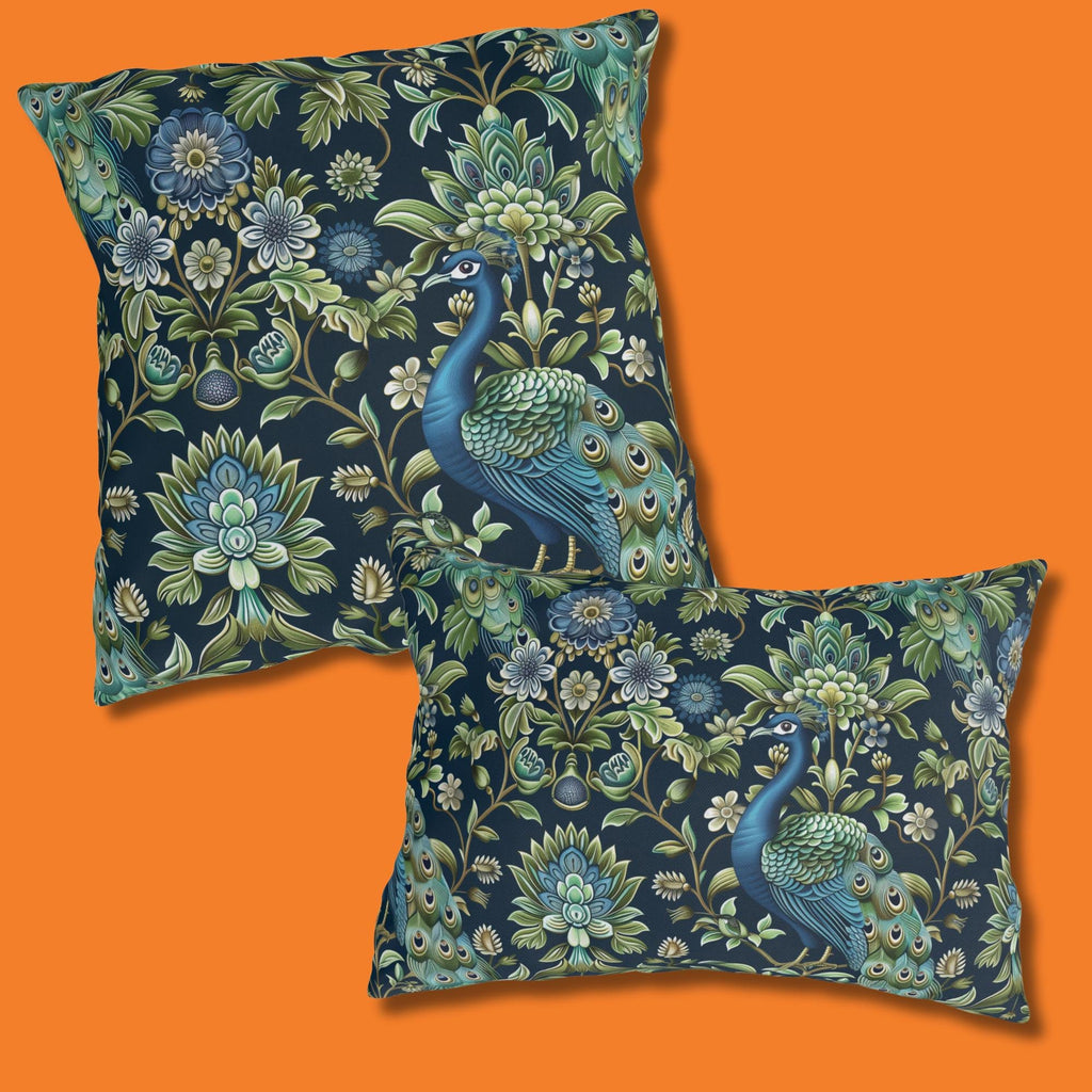 Luxurious Peacock Botanical Outdoor Pillow - William Morris Inspired Garden Decor