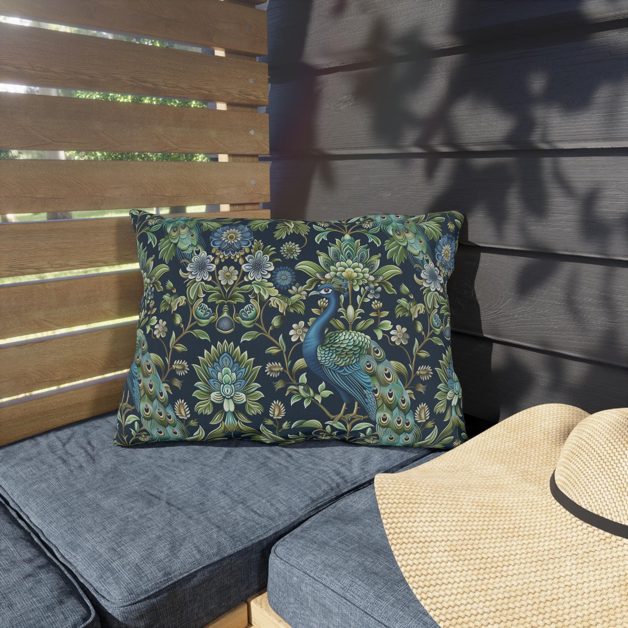 Luxurious Peacock Botanical Outdoor Pillow - William Morris Inspired Garden Decor