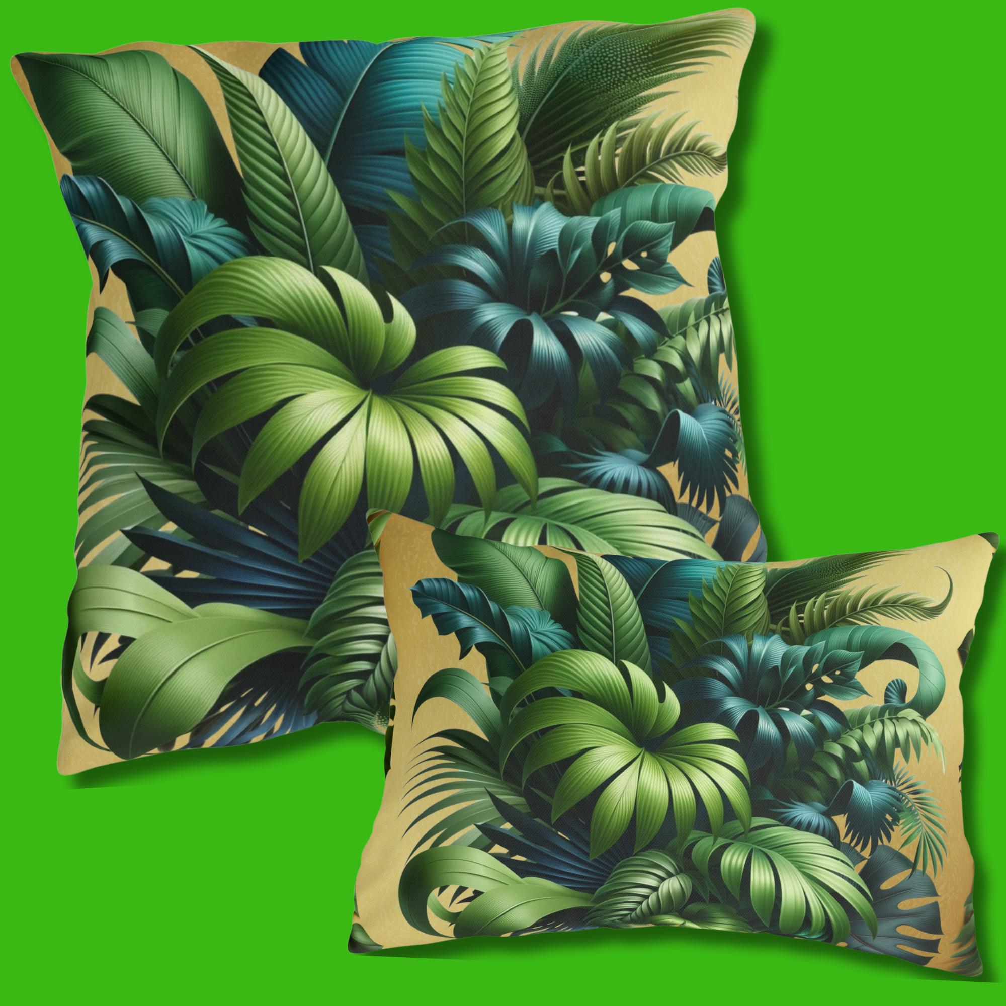 Tropical Green Leaf Outdoor Pillow: Weather-Resistant Gold Patio Decor, Exotic Garden Cushion Accent