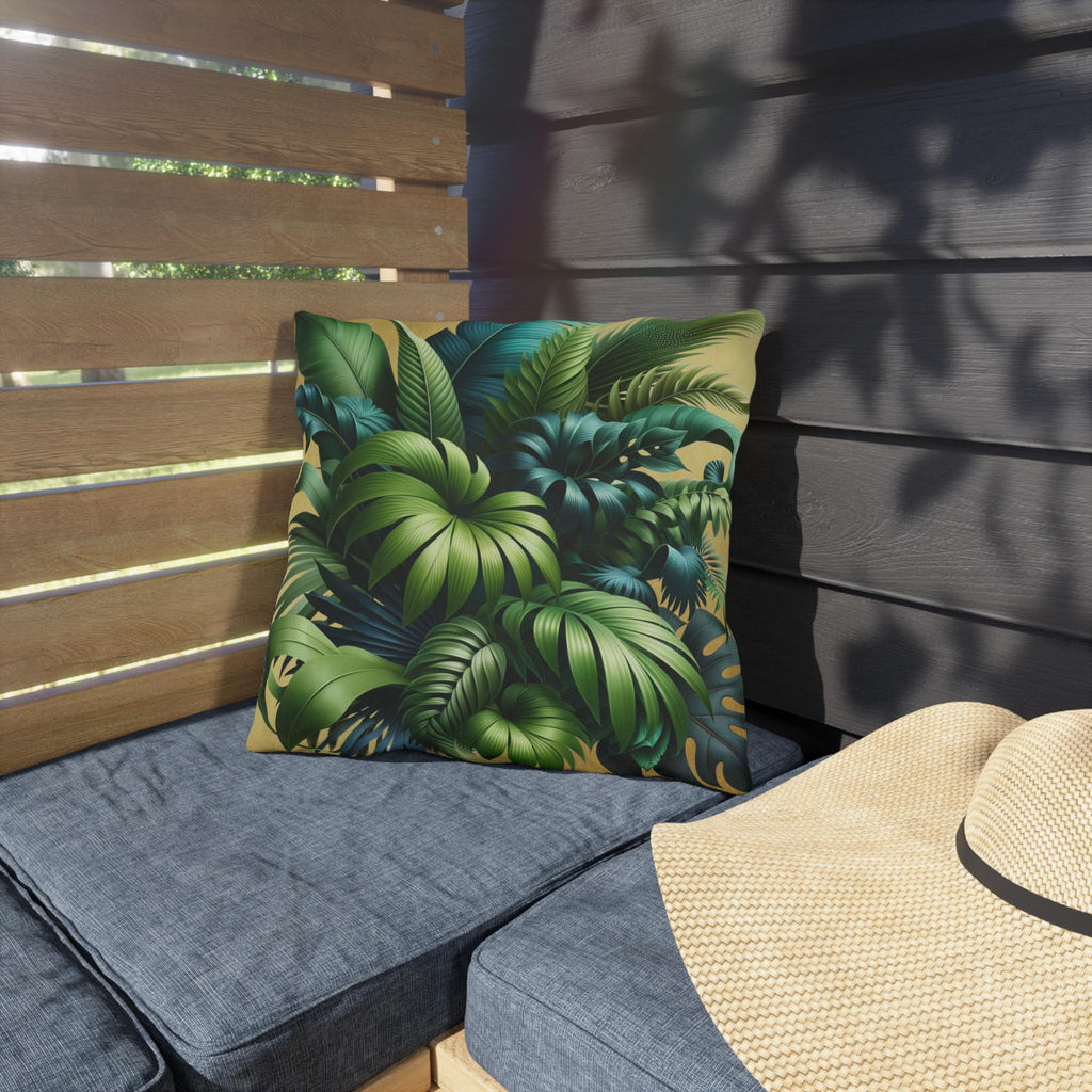 Tropical Green Leaf Outdoor Pillow: Weather-Resistant Gold Patio Decor, Exotic Garden Cushion Accent