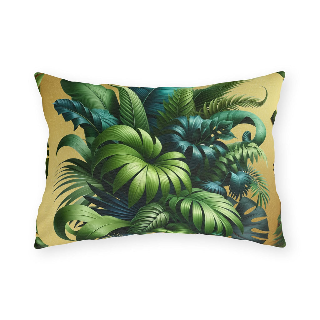 Tropical Green Leaf Outdoor Pillow: Weather-Resistant Gold Patio Decor, Exotic Garden Cushion Accent