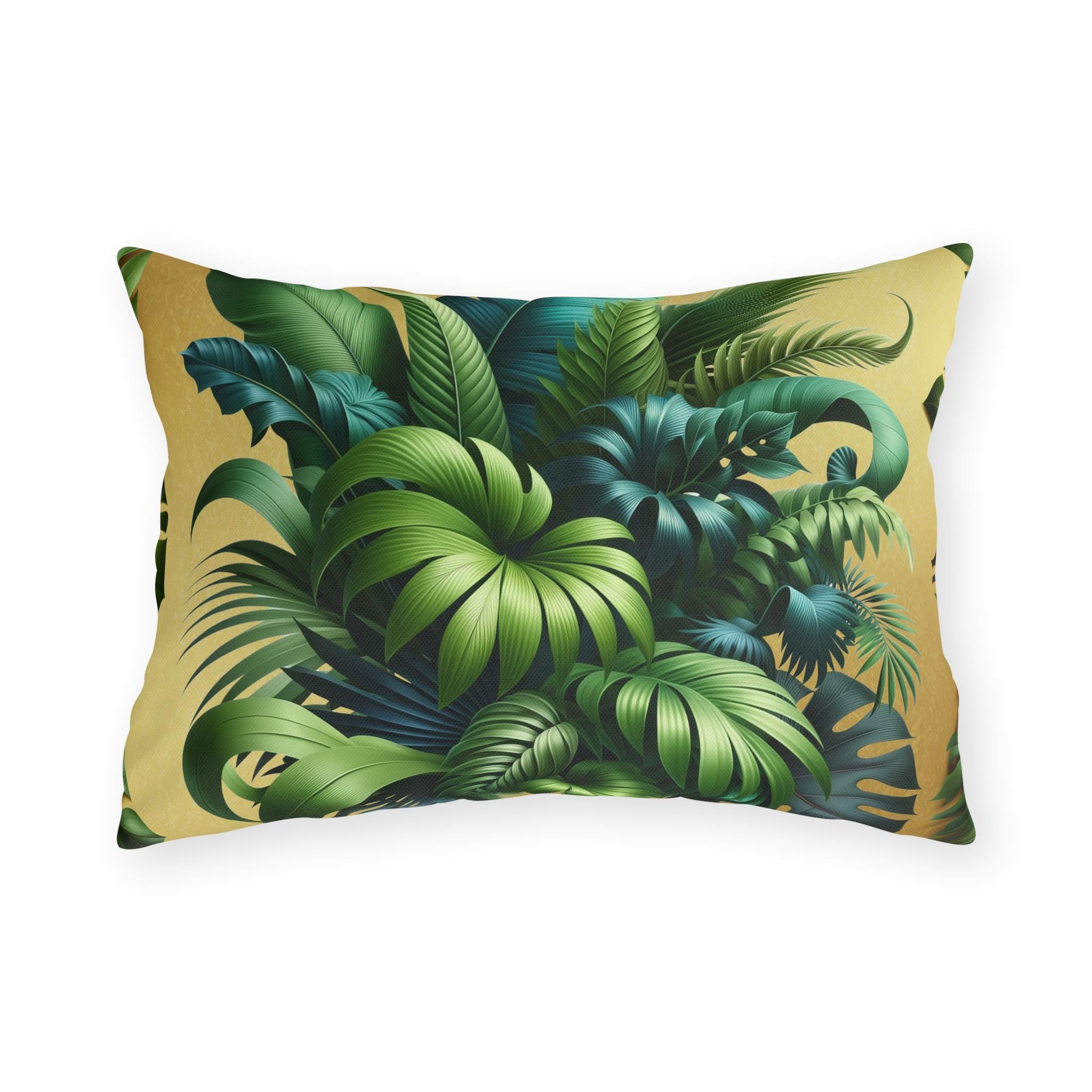 Tropical Green Leaf Outdoor Pillow: Weather-Resistant Gold Patio Decor, Exotic Garden Cushion Accent