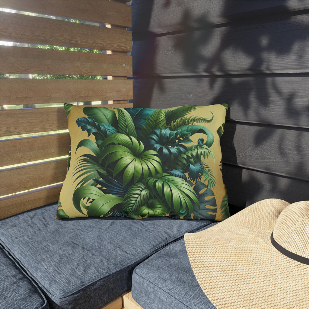 Tropical Green Leaf Outdoor Pillow: Weather-Resistant Gold Patio Decor, Exotic Garden Cushion Accent