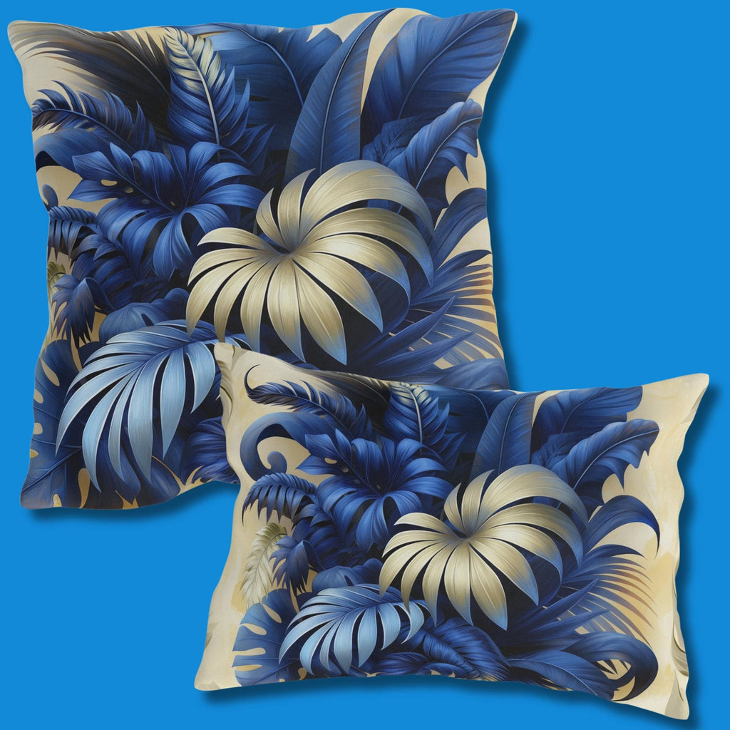 Luxurious Blue & Gold Tropical Leaf Outdoor Pillow - Weather Resistant Botanical Patio Cushion Decor