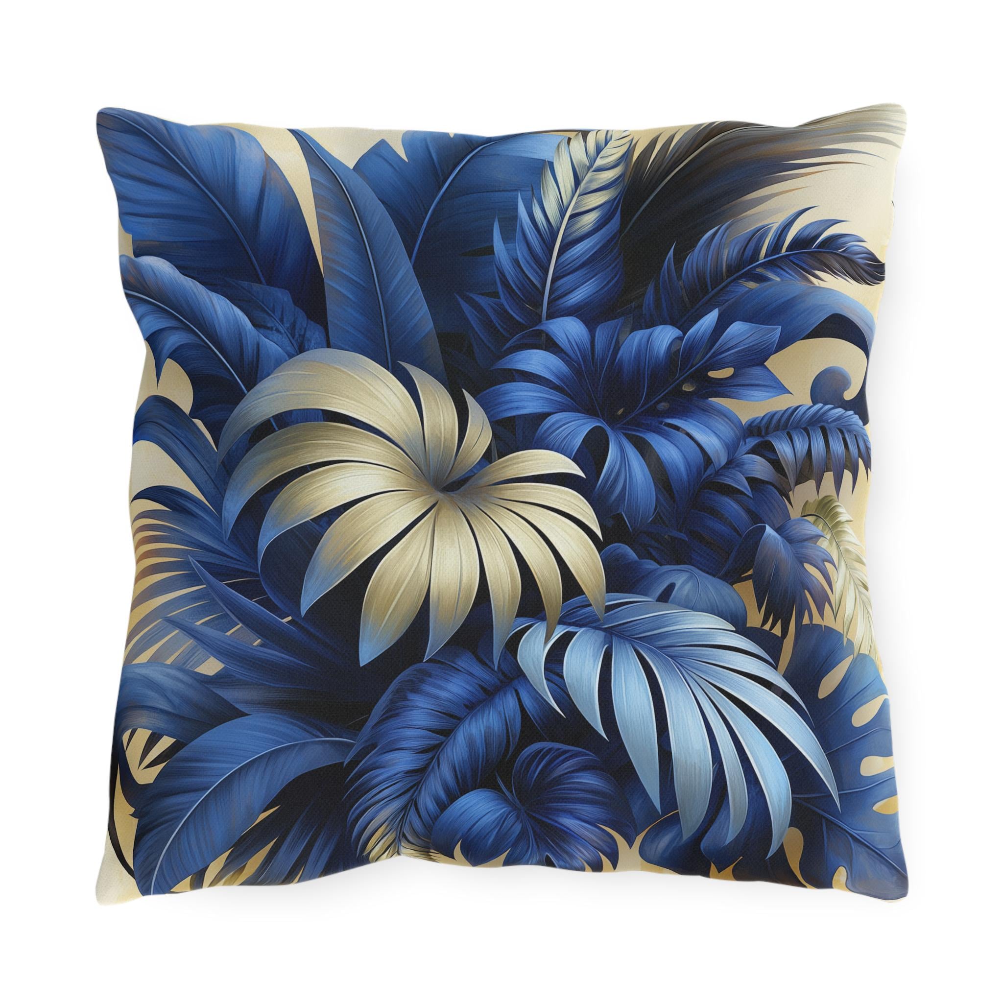 Luxurious Blue & Gold Tropical Leaf Outdoor Pillow - Weather Resistant Botanical Patio Cushion Decor
