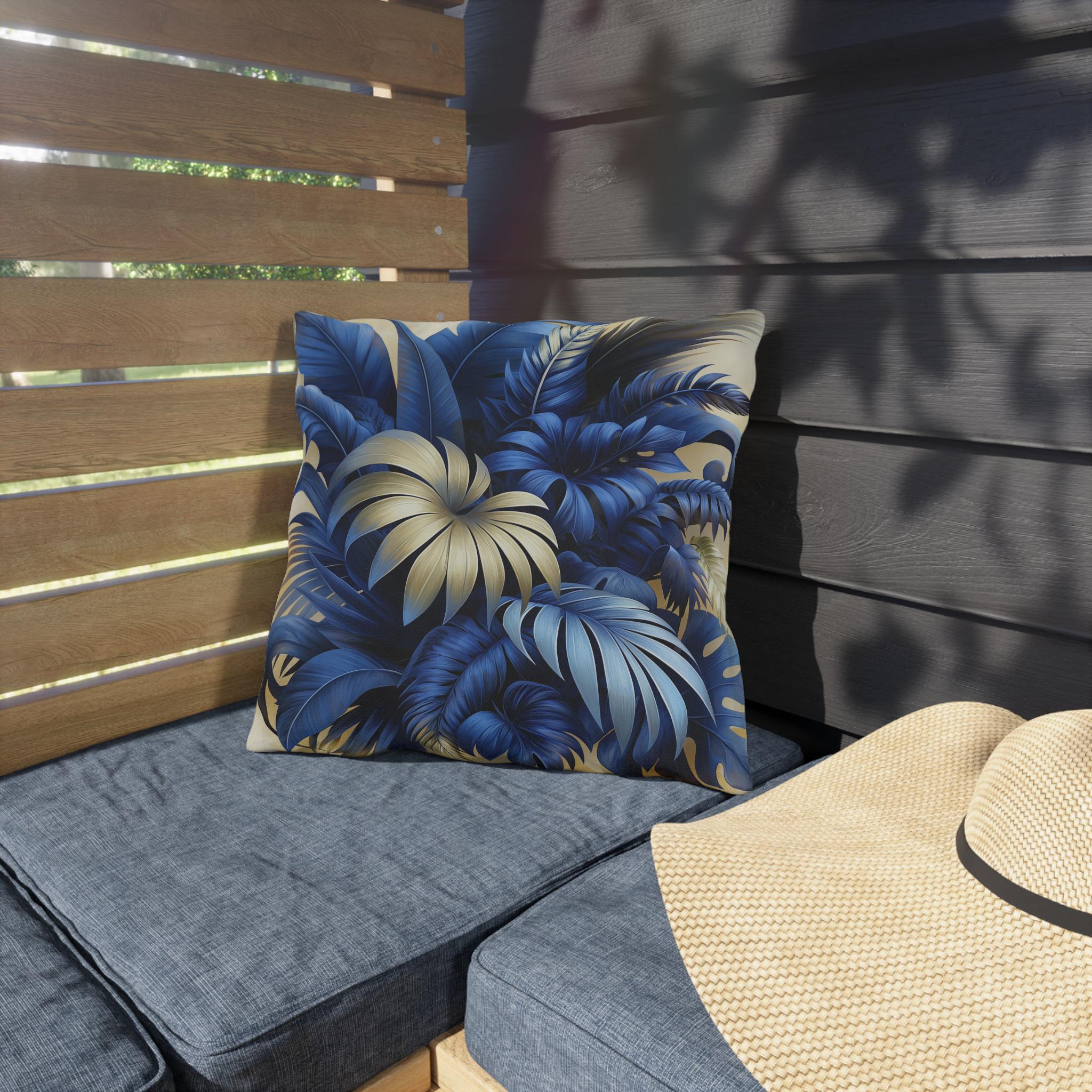 Luxurious Blue & Gold Tropical Leaf Outdoor Pillow - Weather Resistant Botanical Patio Cushion Decor