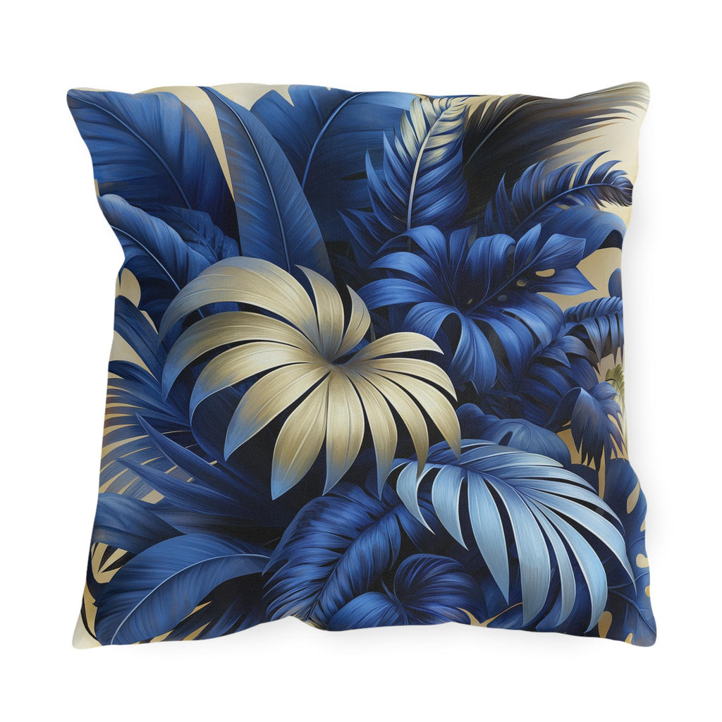 Luxurious Blue & Gold Tropical Leaf Outdoor Pillow - Weather Resistant Botanical Patio Cushion Decor