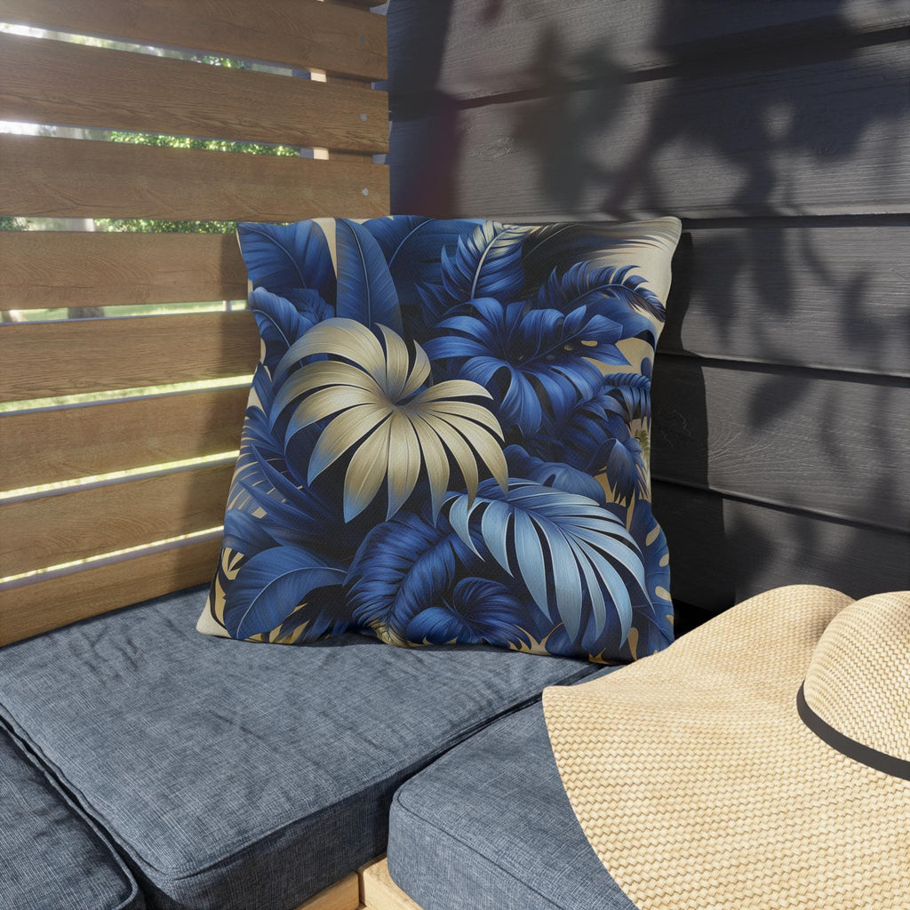 Luxurious Blue & Gold Tropical Leaf Outdoor Pillow - Weather Resistant Botanical Patio Cushion Decor
