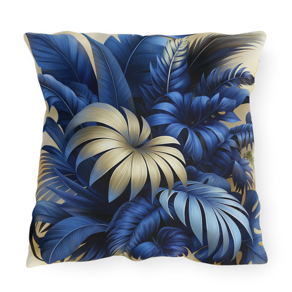 Luxurious Blue & Gold Tropical Leaf Outdoor Pillow - Weather Resistant Botanical Patio Cushion Decor