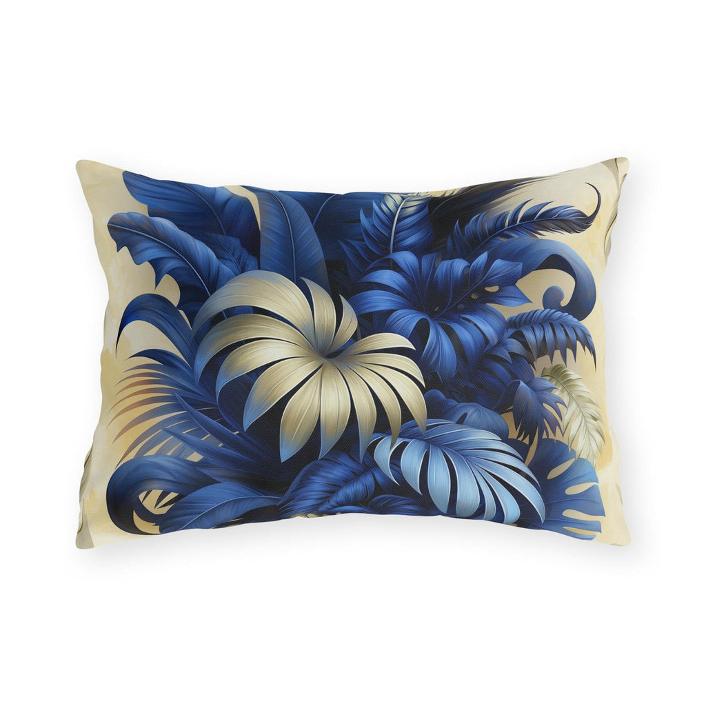 Luxurious Blue & Gold Tropical Leaf Outdoor Pillow - Weather Resistant Botanical Patio Cushion Decor