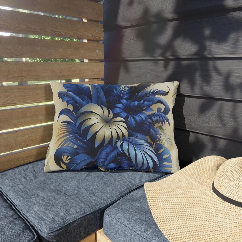 Luxurious Blue & Gold Tropical Leaf Outdoor Pillow - Weather Resistant Botanical Patio Cushion Decor
