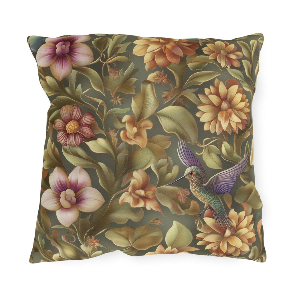 Elegant Hummingbird Floral Outdoor Pillow: William Morris Inspired Garden Cushion for Patio & Porch