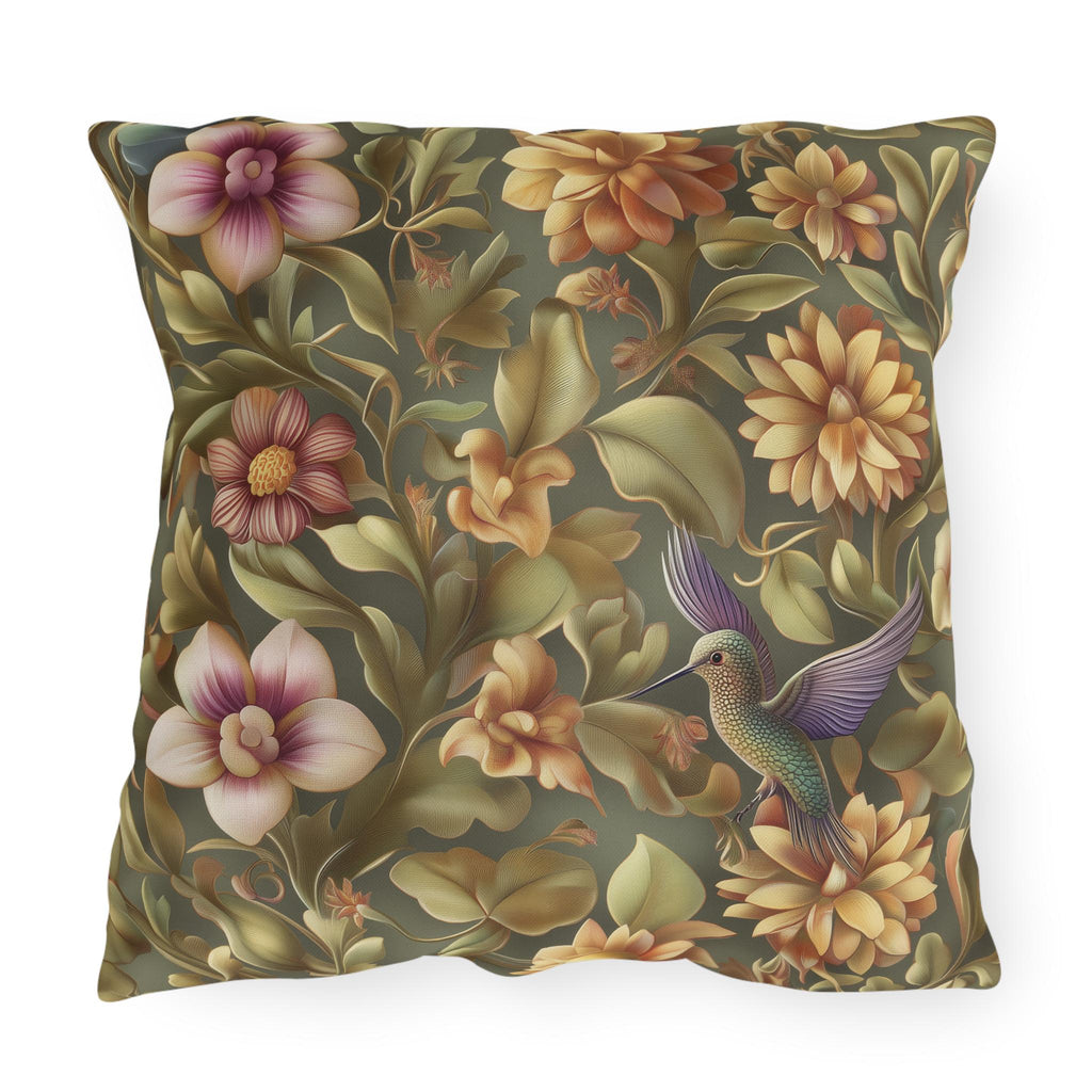 Elegant Hummingbird Floral Outdoor Pillow: William Morris Inspired Garden Cushion for Patio & Porch