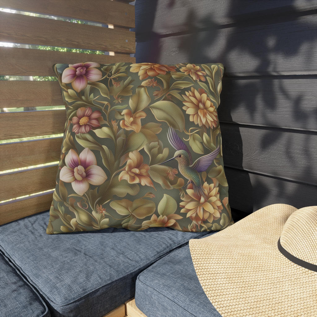 Elegant Hummingbird Floral Outdoor Pillow: William Morris Inspired Garden Cushion for Patio & Porch