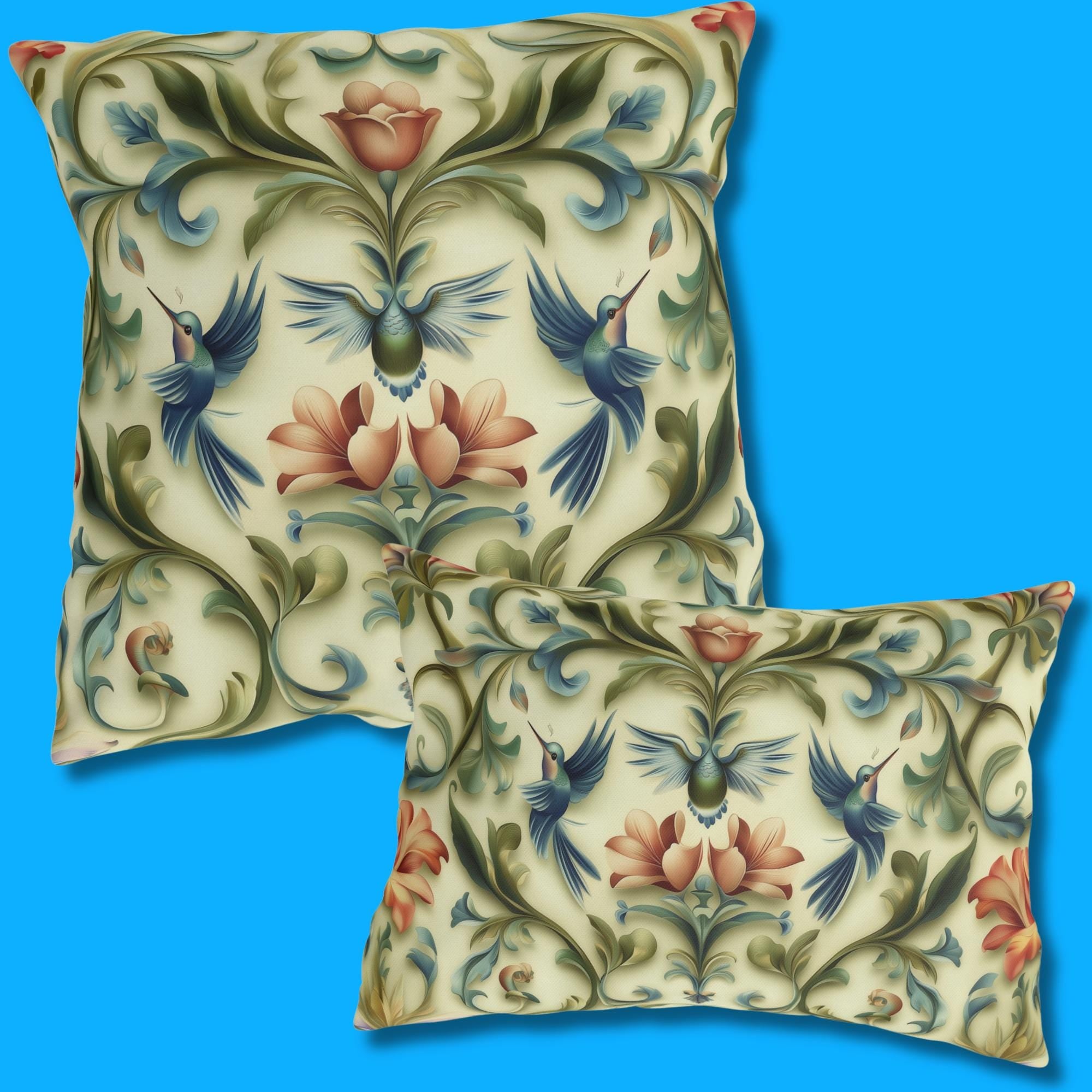 Vintage-Inspired Hummingbird Pillow: Elegant Floral Cushion for Outdoor Garden, Patio, or Porch Decor