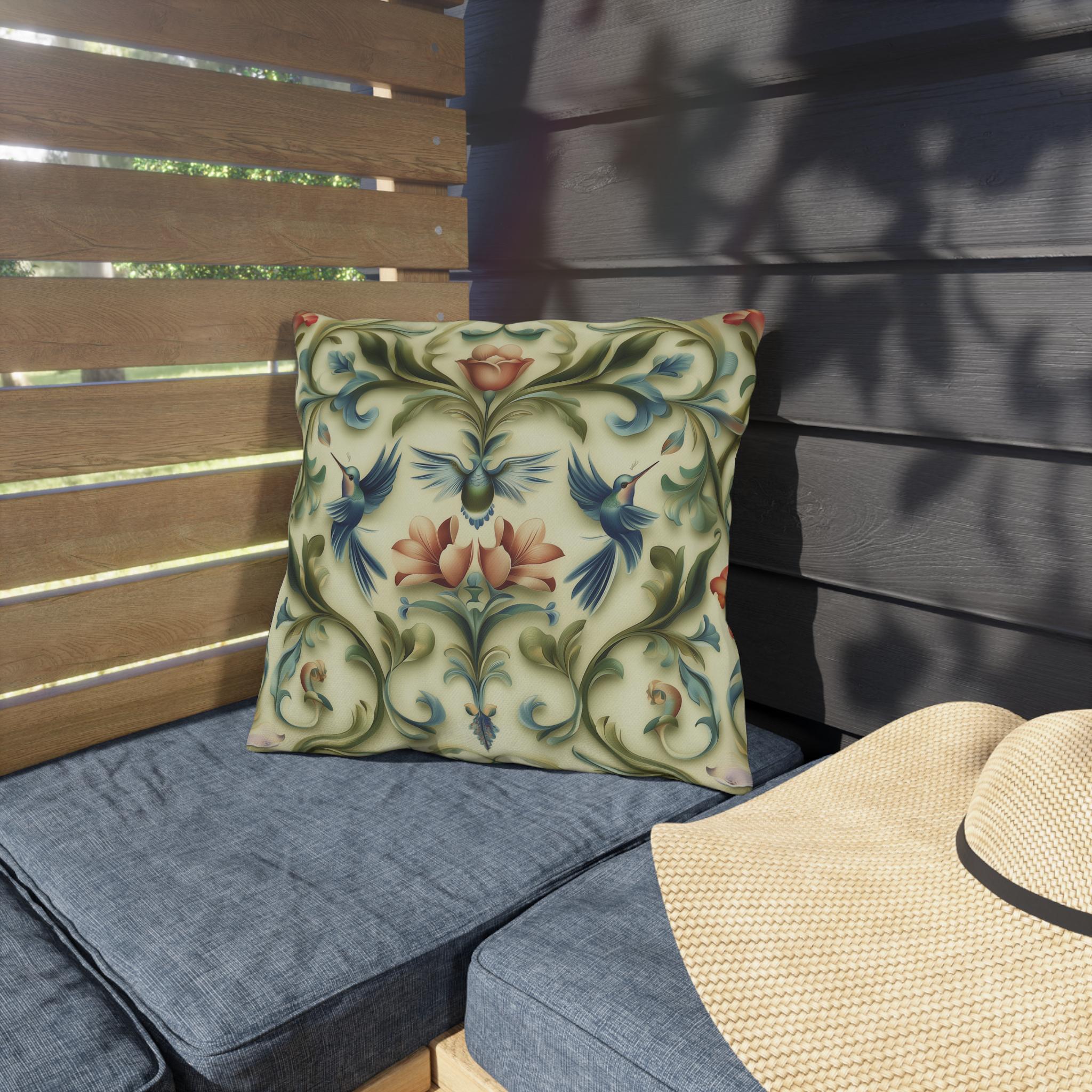 Vintage-Inspired Hummingbird Pillow: Elegant Floral Cushion for Outdoor Garden, Patio, or Porch Decor
