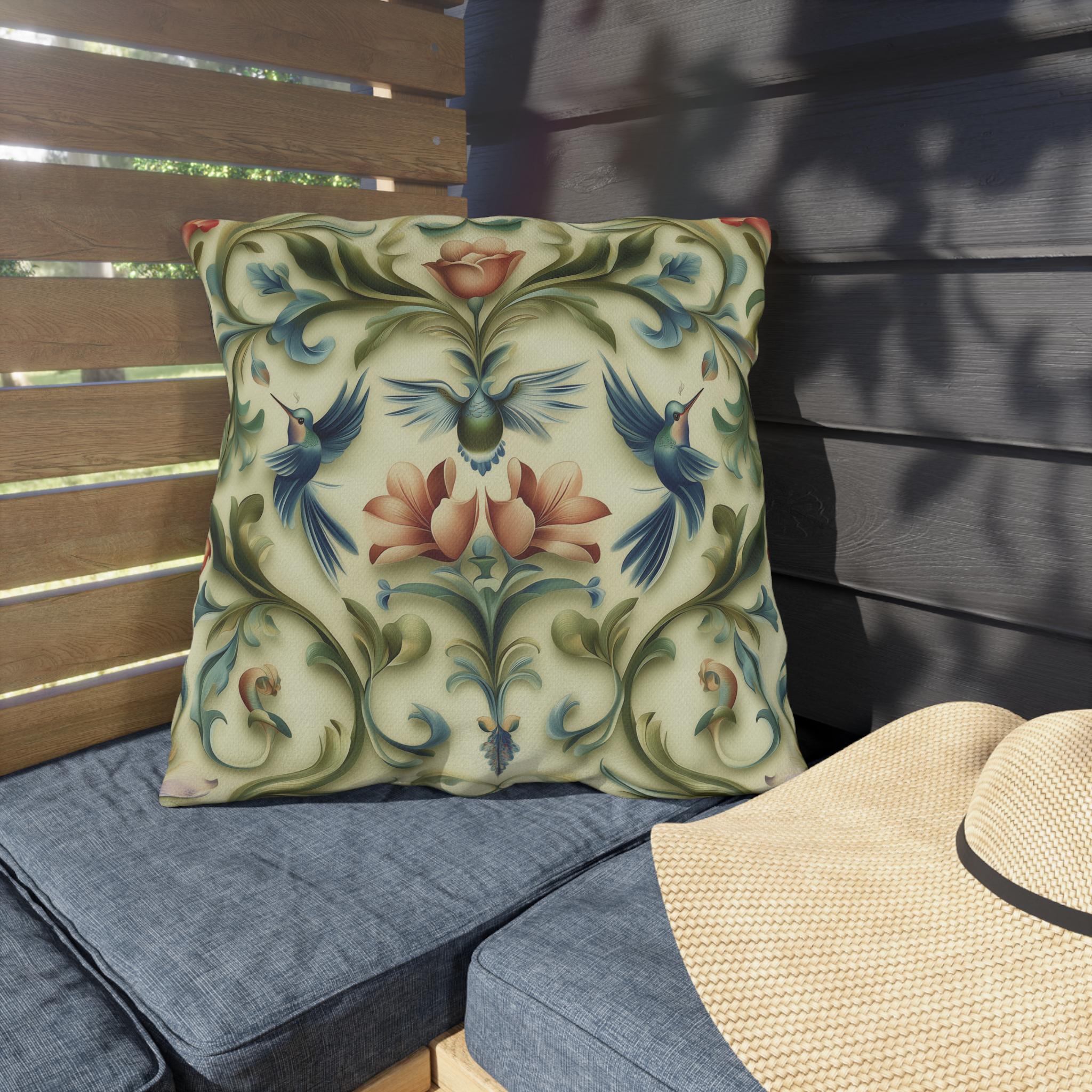 Vintage-Inspired Hummingbird Pillow: Elegant Floral Cushion for Outdoor Garden, Patio, or Porch Decor
