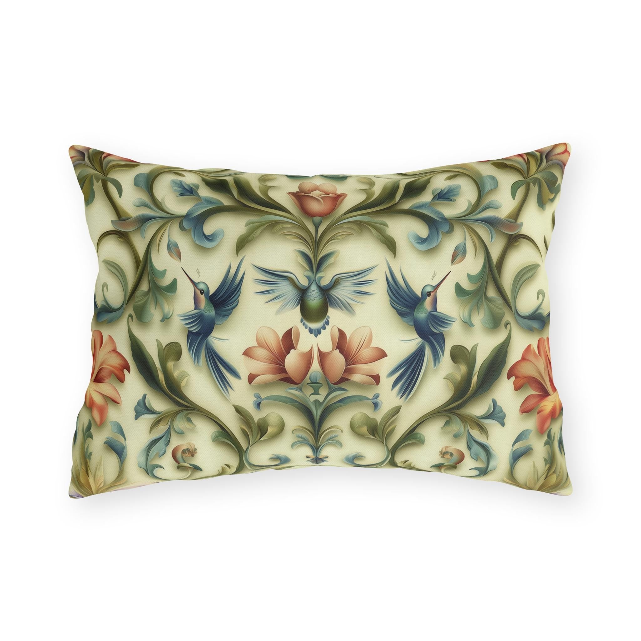 Vintage-Inspired Hummingbird Pillow: Elegant Floral Cushion for Outdoor Garden, Patio, or Porch Decor