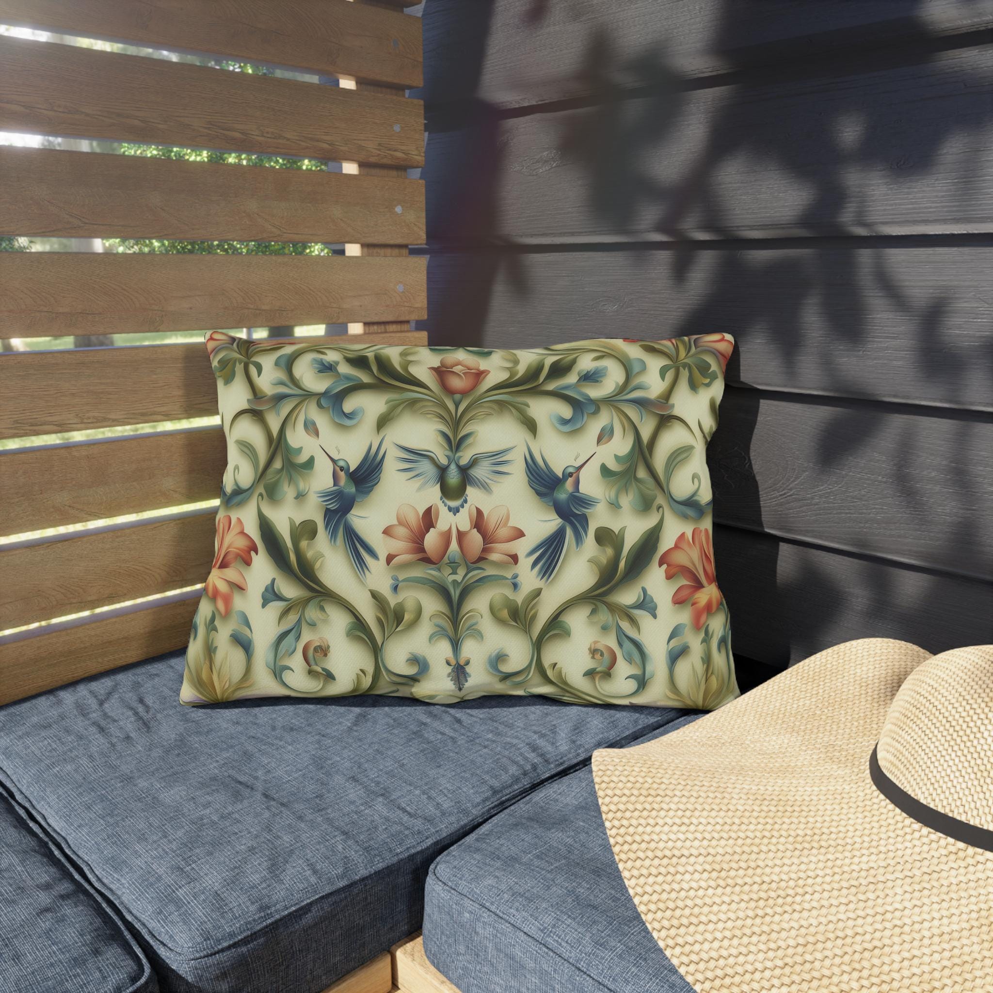 Vintage-Inspired Hummingbird Pillow: Elegant Floral Cushion for Outdoor Garden, Patio, or Porch Decor