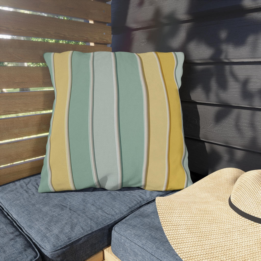Modern Cabana Stripe Outdoor Pillow: Yellow & Aqua Coastal Cushion for Patio, Poolside, Porch Seating