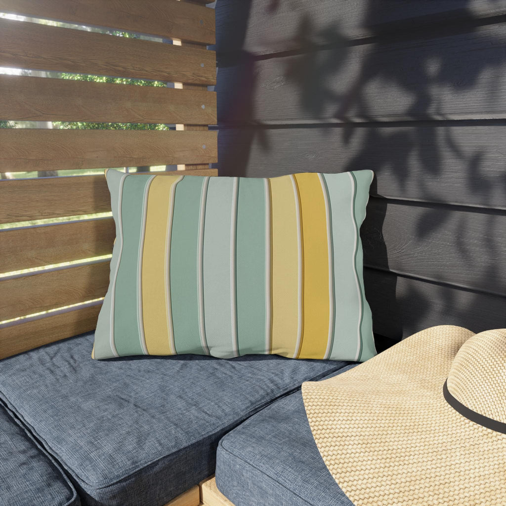 Modern Cabana Stripe Outdoor Pillow: Yellow & Aqua Coastal Cushion for Patio, Poolside, Porch Seating