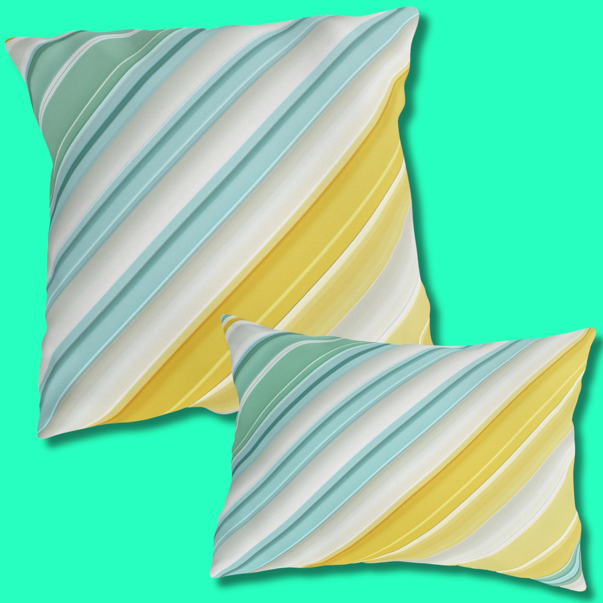 Diagonal Cabana Stripe Outdoor Pillow: Aqua Yellow Modern Coastal Cushion for Poolside Summer Decor