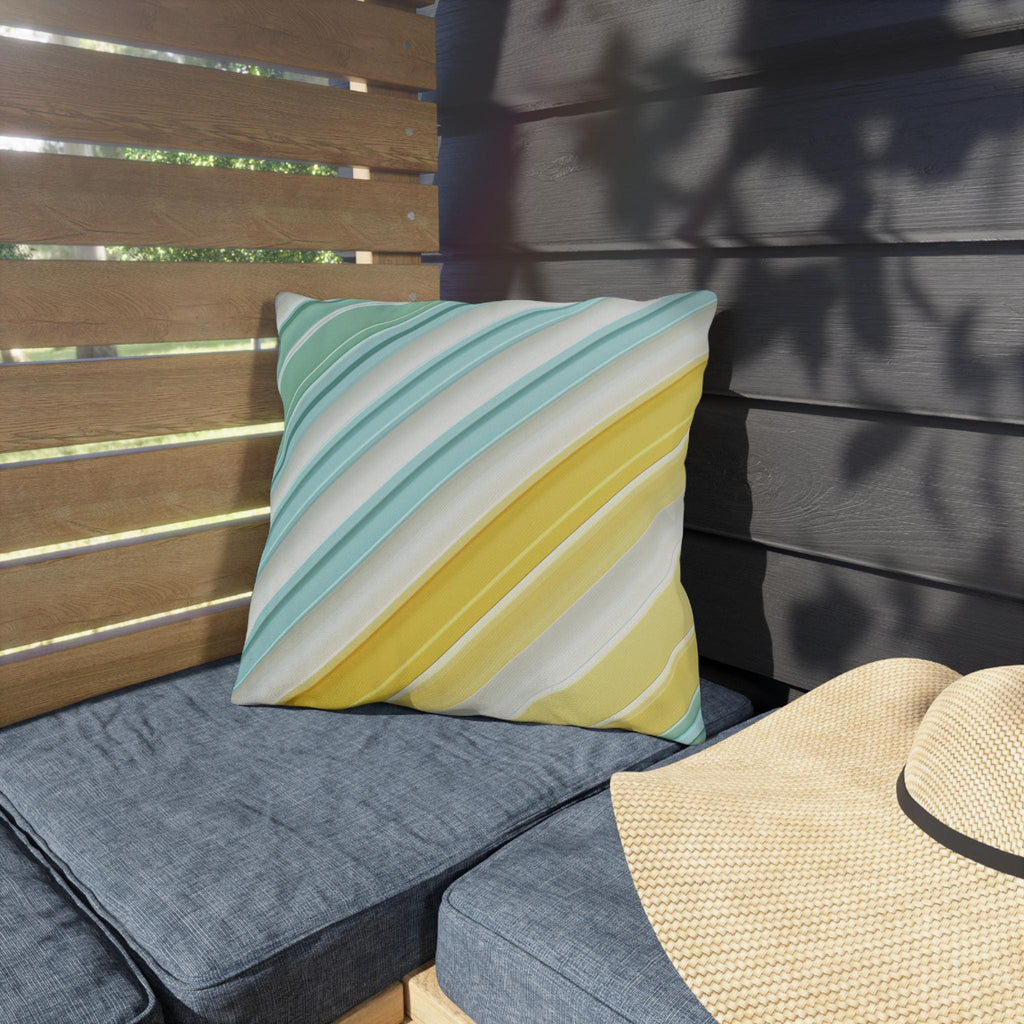 Diagonal Cabana Stripe Outdoor Pillow: Aqua Yellow Modern Coastal Cushion for Poolside Summer Decor