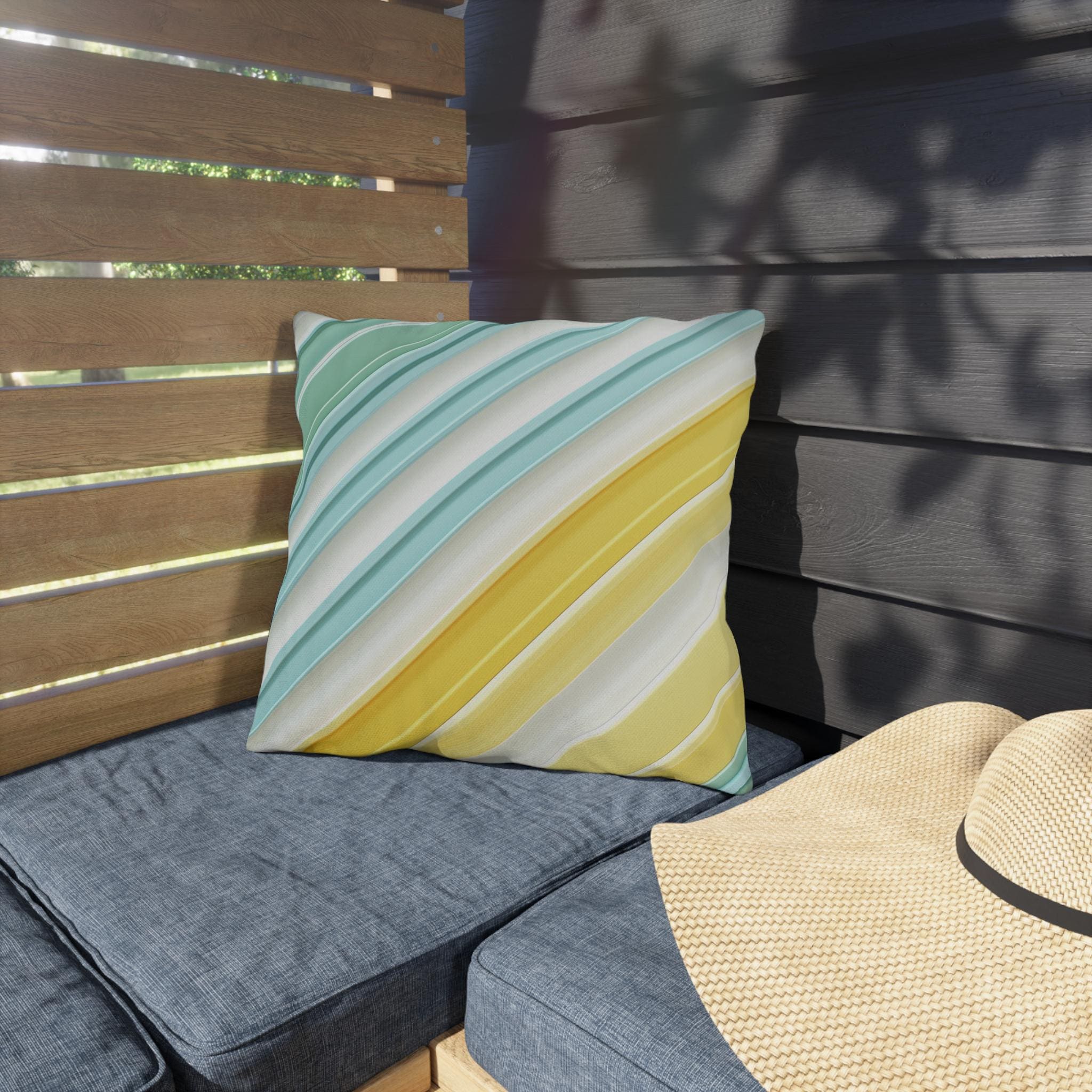 Diagonal Cabana Stripe Outdoor Pillow: Aqua Yellow Modern Coastal Cushion for Poolside Summer Decor