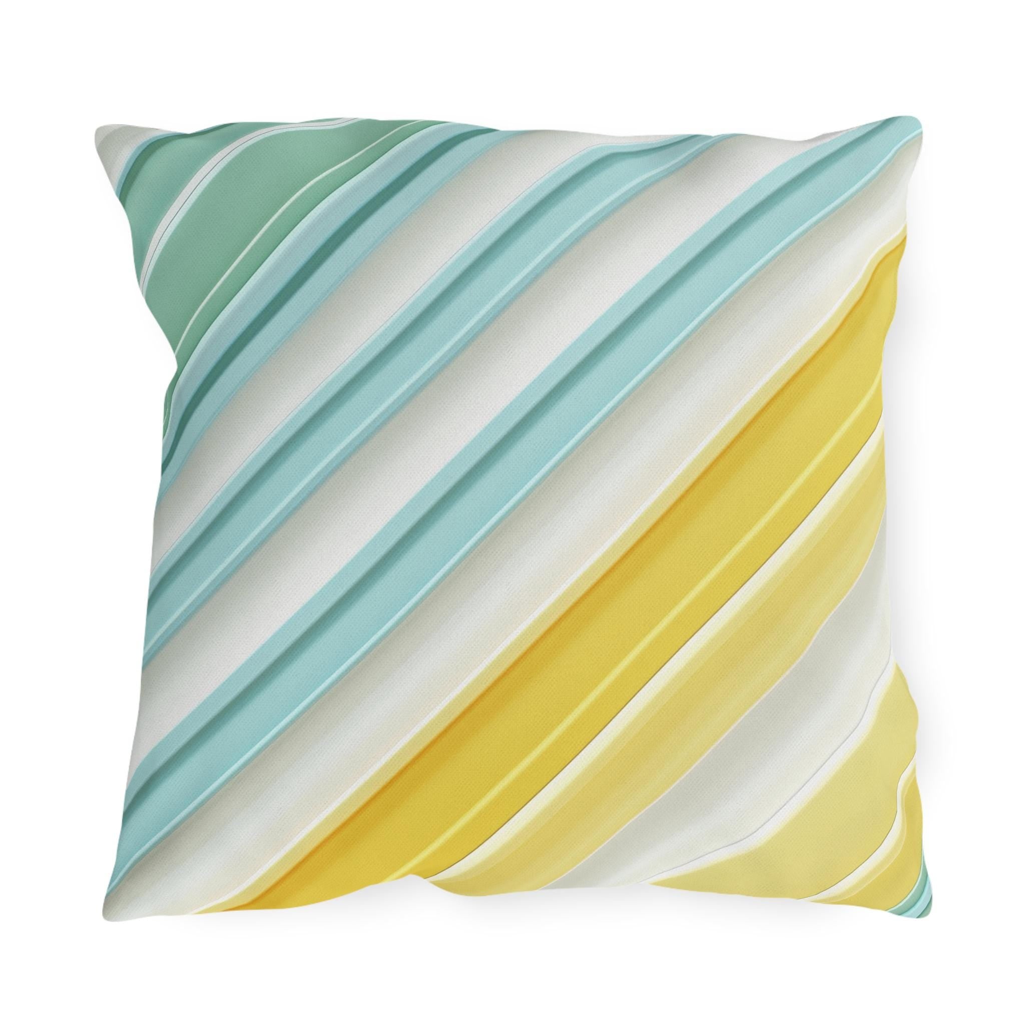 Diagonal Cabana Stripe Outdoor Pillow: Aqua Yellow Modern Coastal Cushion for Poolside Summer Decor