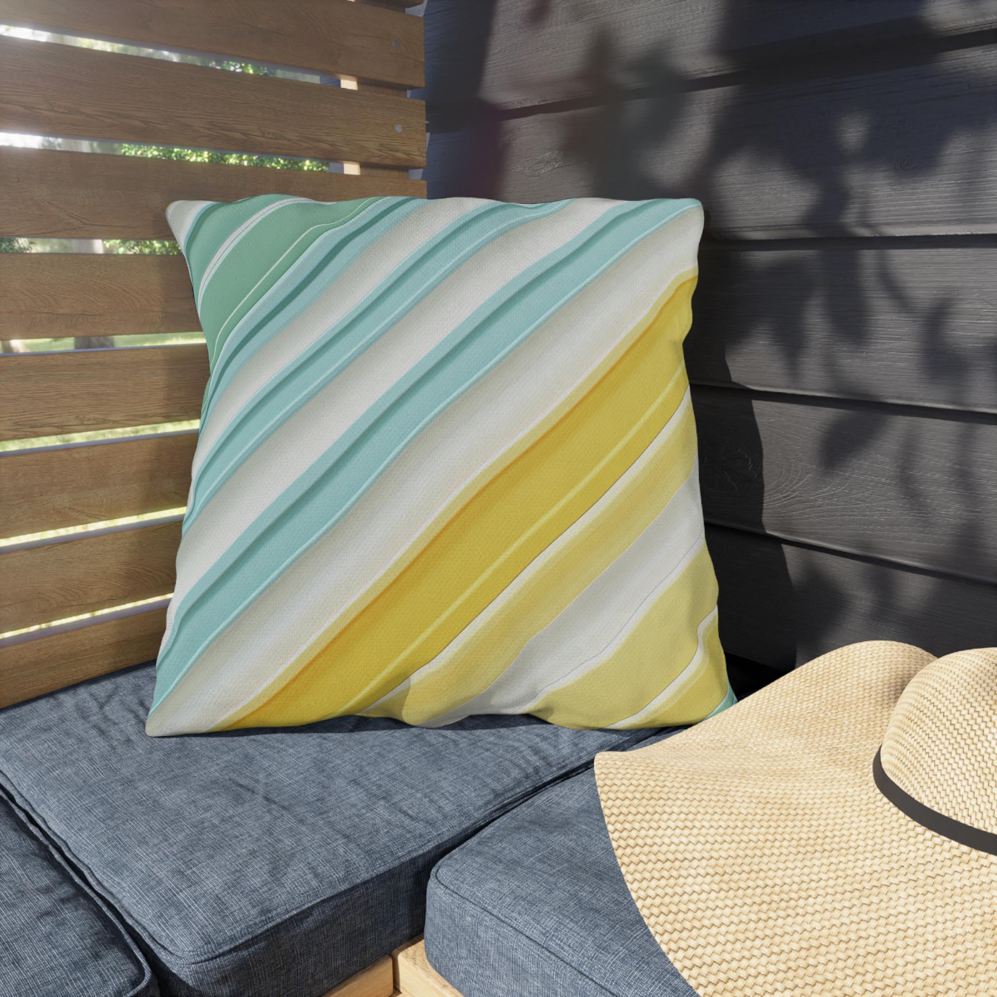 Diagonal Cabana Stripe Outdoor Pillow: Aqua Yellow Modern Coastal Cushion for Poolside Summer Decor