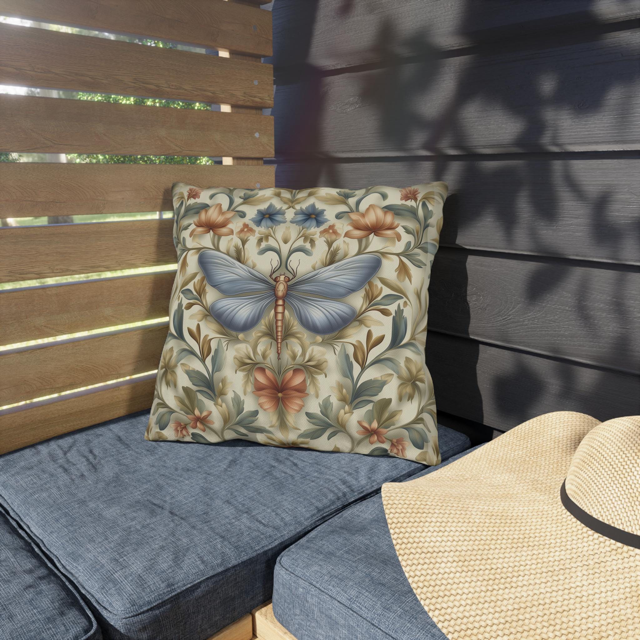 William Morris Inspired Butterfly Garden Pillow: Vintage Floral Outdoor Cushion for Patio and Porch