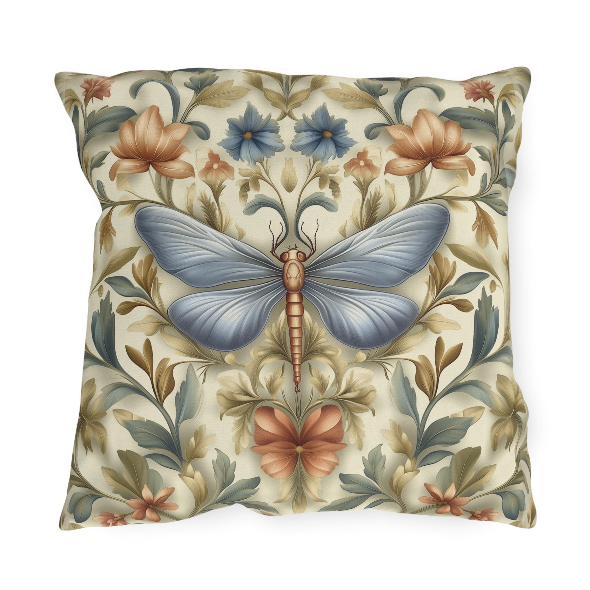 William Morris Inspired Butterfly Garden Pillow: Vintage Floral Outdoor Cushion for Patio and Porch