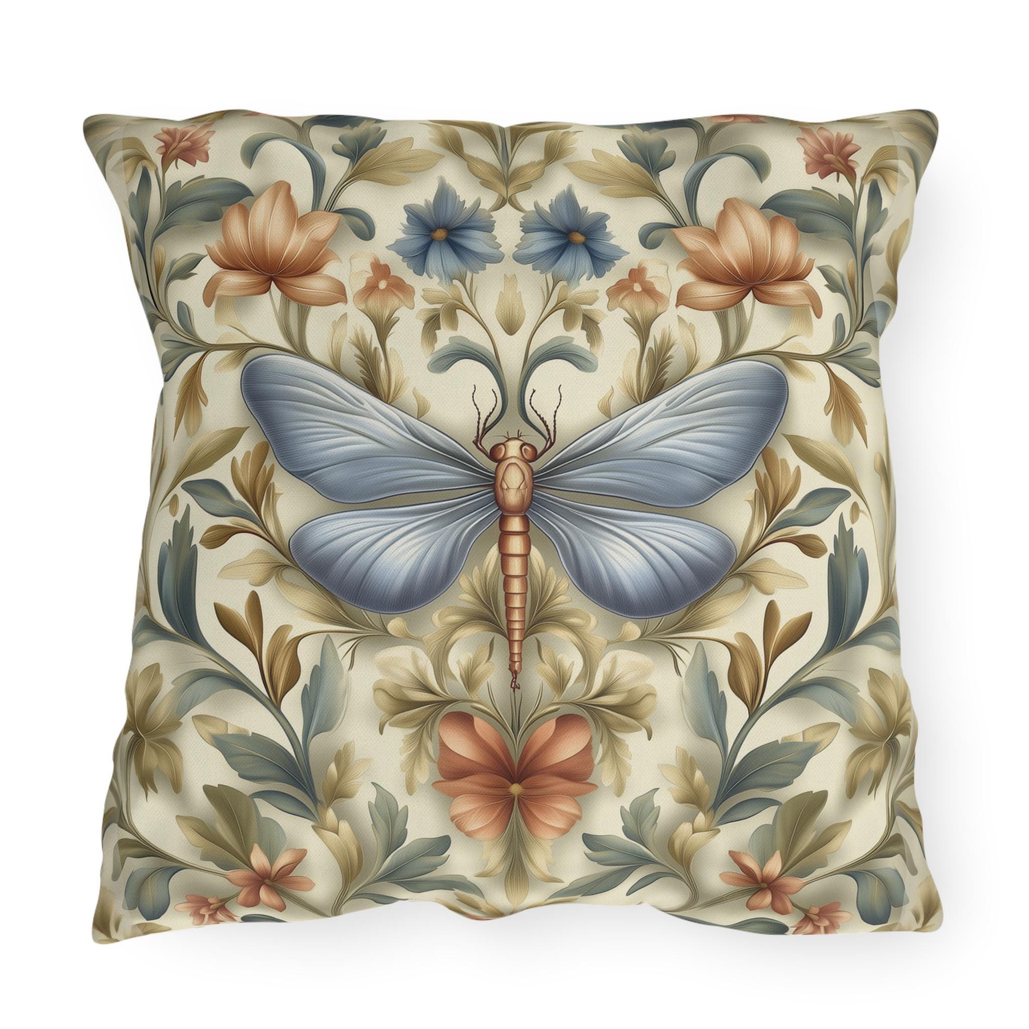 William Morris Inspired Butterfly Garden Pillow: Vintage Floral Outdoor Cushion for Patio and Porch