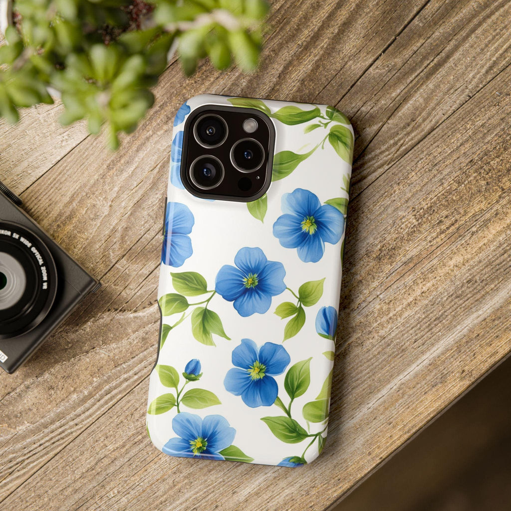 Elegant Blue Floral MagSafe iPhone Case: Tough Botanical Cover with Spring Blooms on White