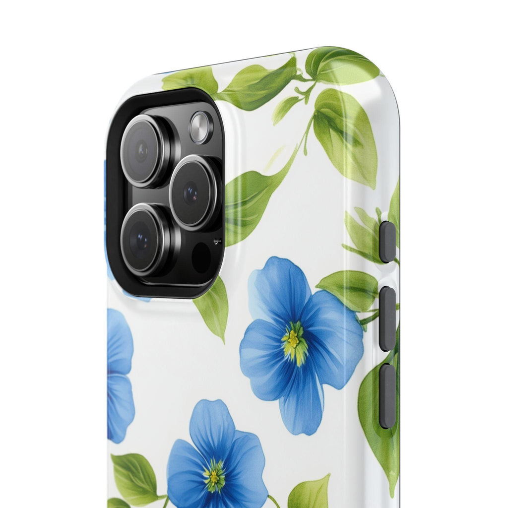 Elegant Blue Floral MagSafe iPhone Case: Tough Botanical Cover with Spring Blooms on White