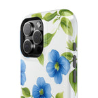 Elegant Blue Floral MagSafe iPhone Case: Tough Botanical Cover with Spring Blooms on White