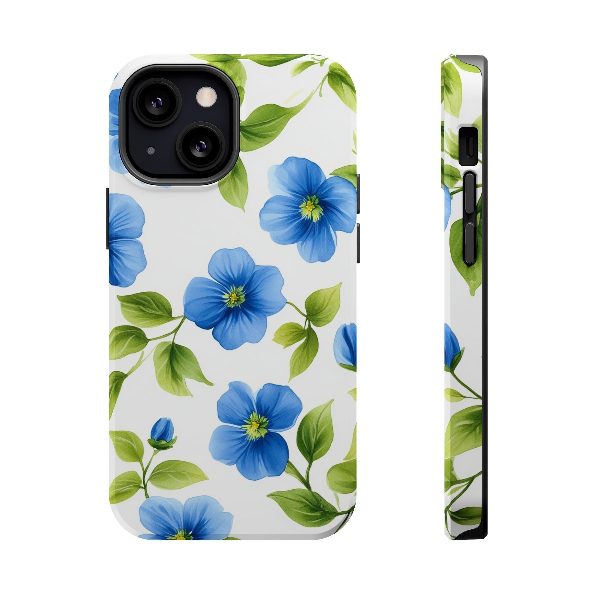 Elegant Blue Floral MagSafe iPhone Case: Tough Botanical Cover with Spring Blooms on White