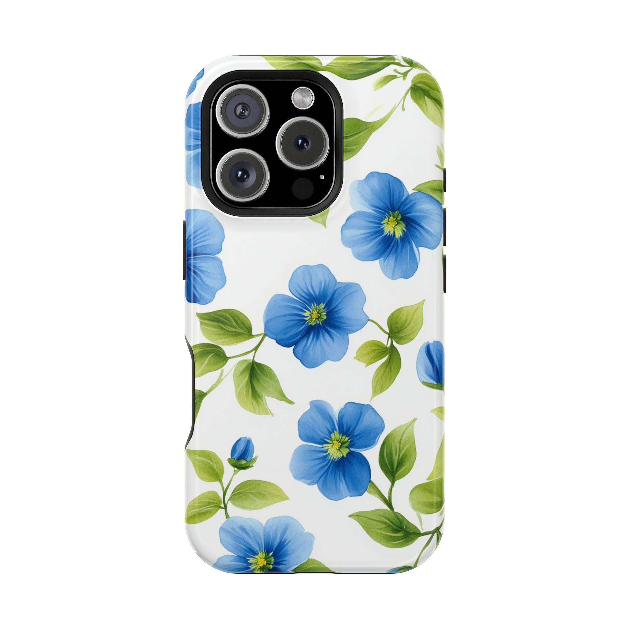 Elegant Blue Floral MagSafe iPhone Case: Tough Botanical Cover with Spring Blooms on White