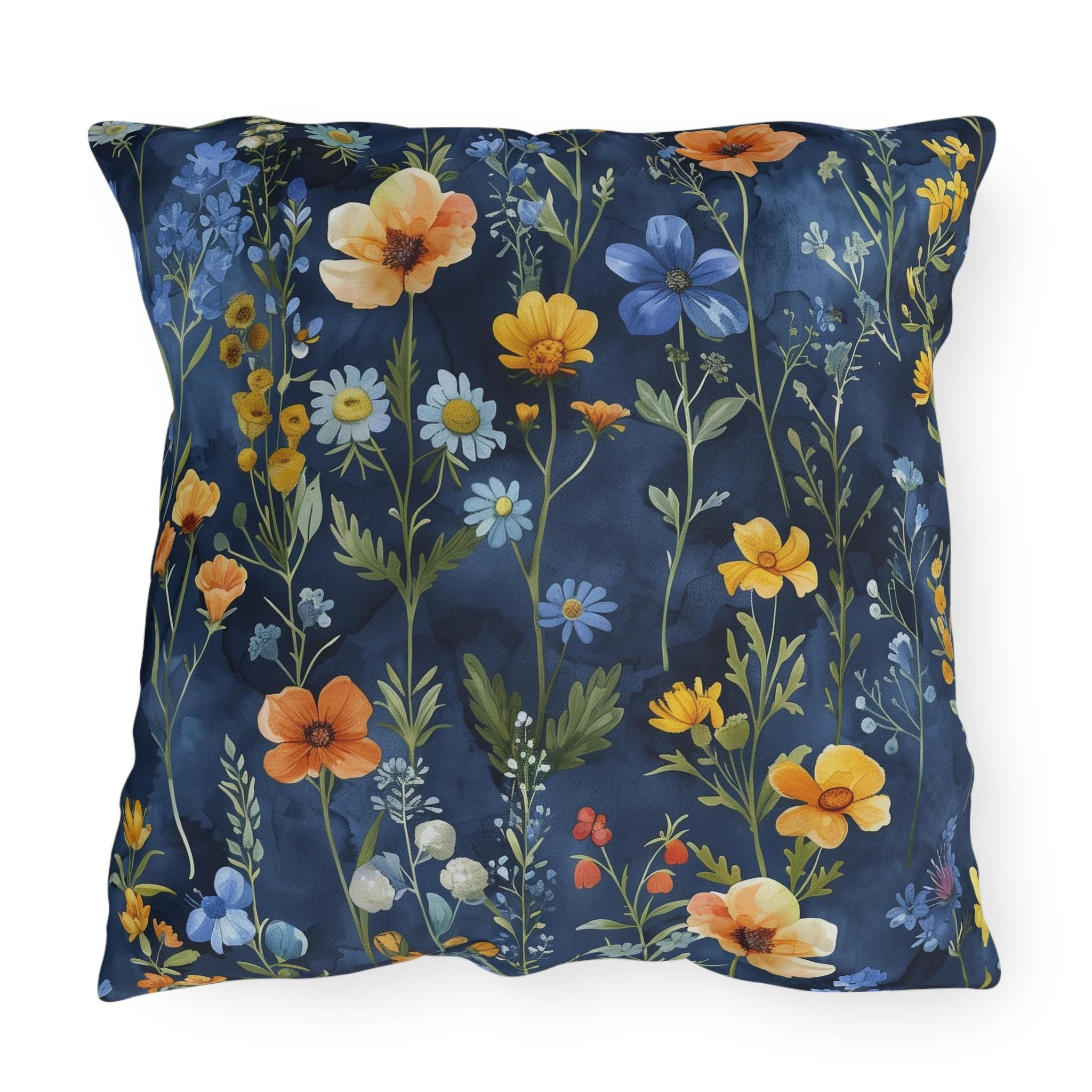 Wildflower Outdoor Pillow: Navy Watercolor Floral Cushion for Garden Patio Botanical Decor