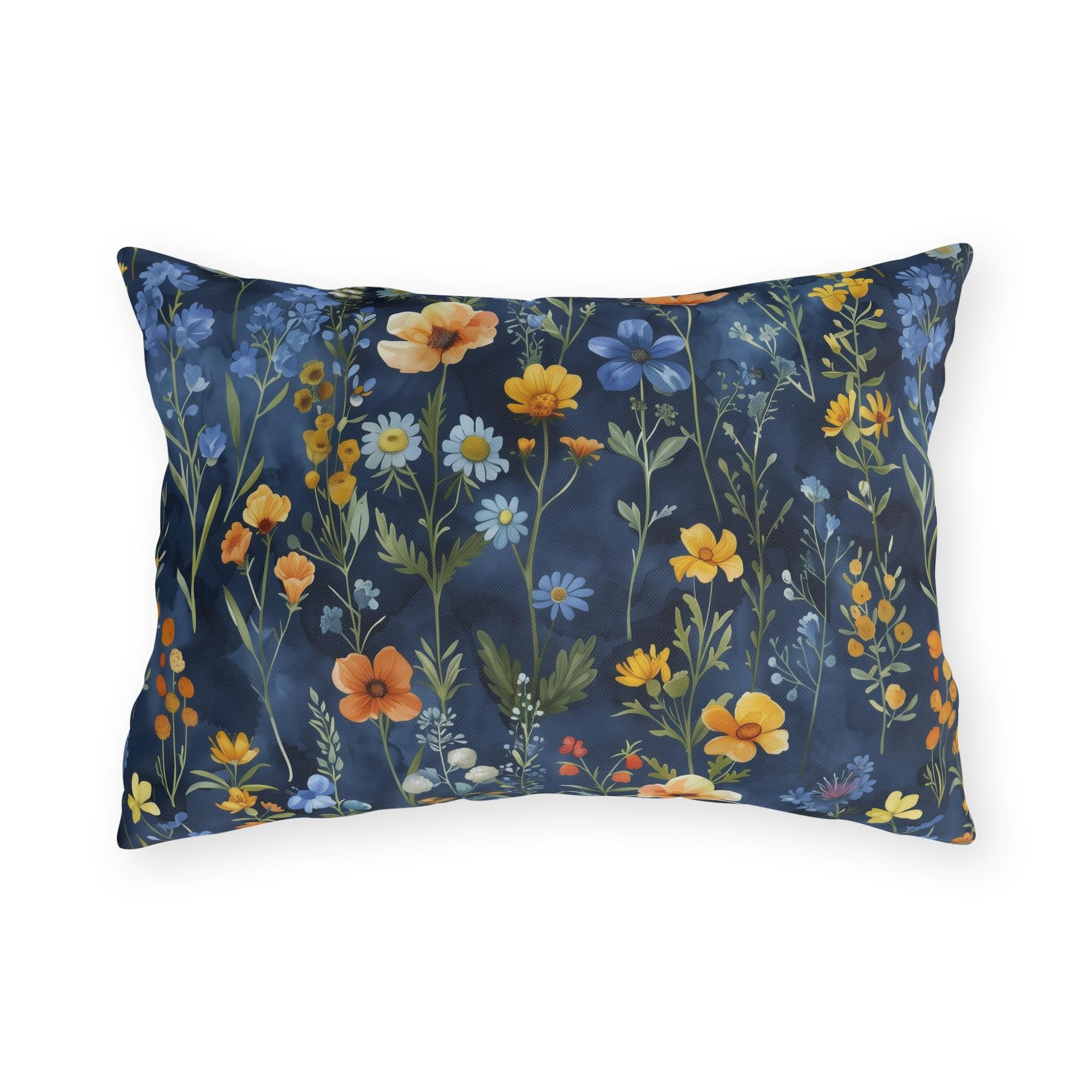Wildflower Outdoor Pillow: Navy Watercolor Floral Cushion for Garden Patio Botanical Decor