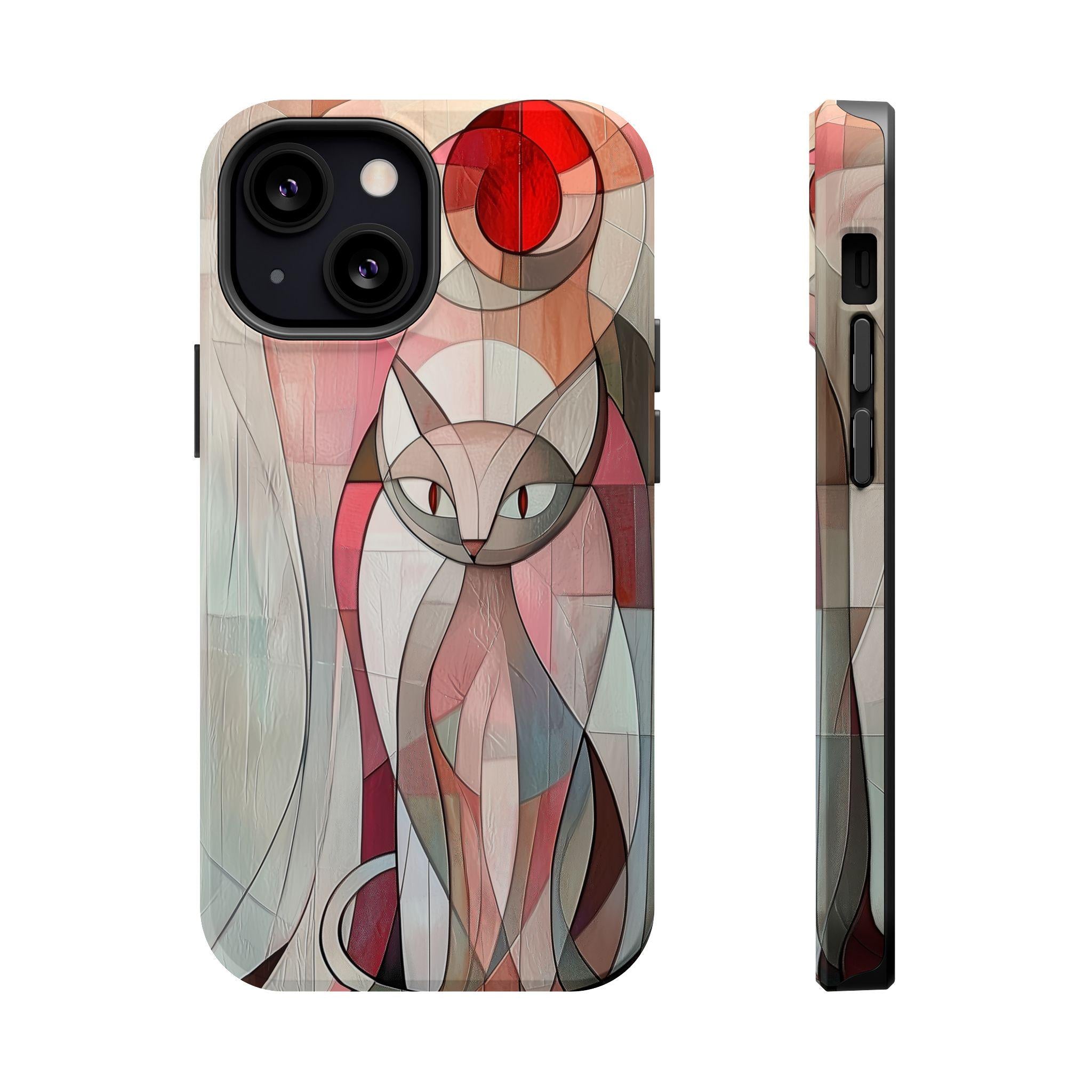 Geometric Pink Cat iPhone Case: MagSafe Compatible, Cubism Art Design, Tough Modern Cover