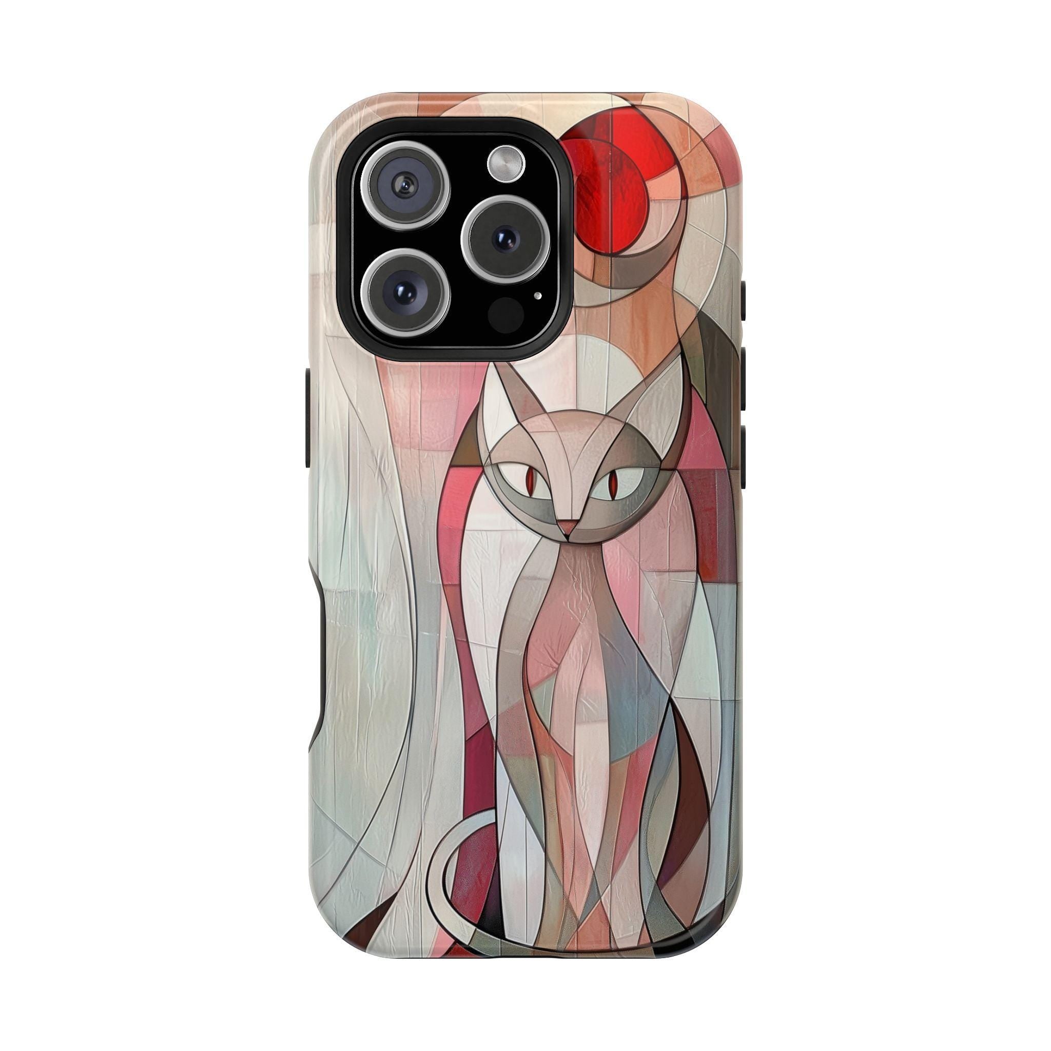Geometric Pink Cat iPhone Case: MagSafe Compatible, Cubism Art Design, Tough Modern Cover