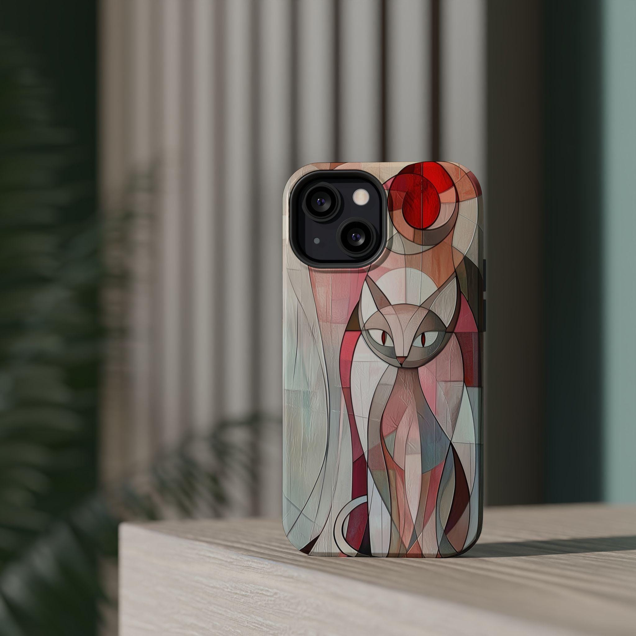 Geometric Pink Cat iPhone Case: MagSafe Compatible, Cubism Art Design, Tough Modern Cover