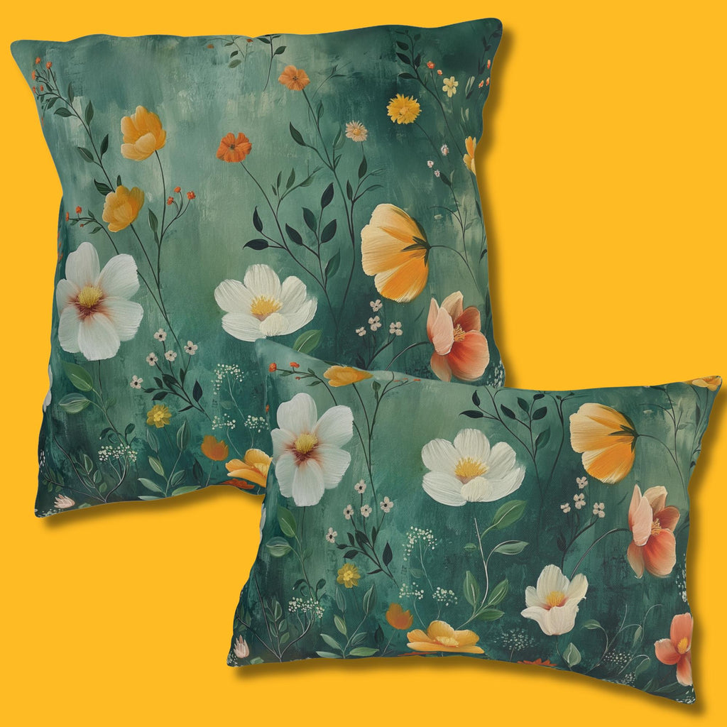 Dark Green Wildflower Garden Outdoor Pillow: Water-Resistant Floral Patio Cushion Accent Decor